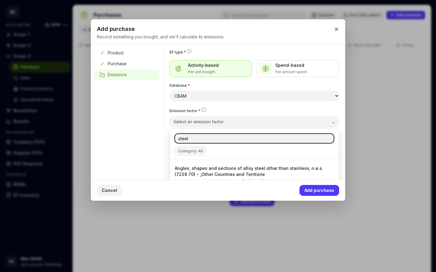 Emission factor picker showing a search for steel and matching database records.