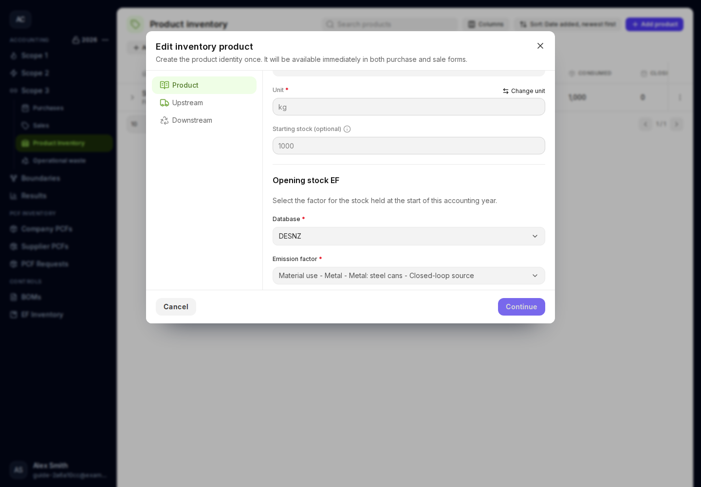 Inventory form with a distinct opening-stock factor and independent unit conversion.