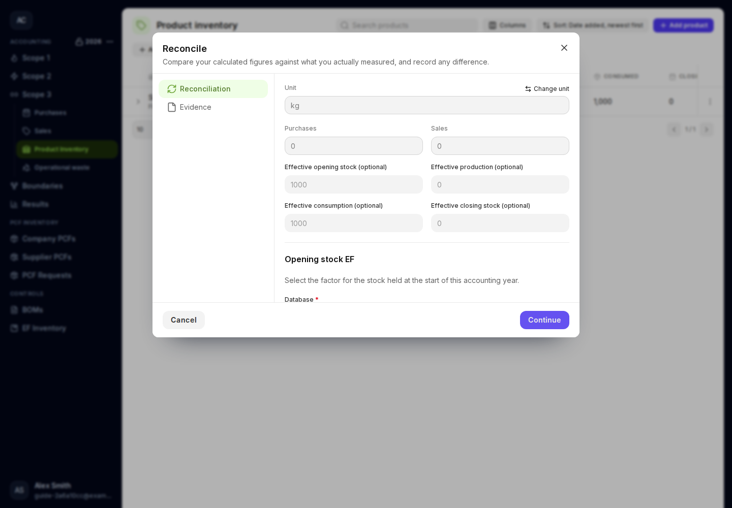 Inventory reconciliation form showing movements, opening factor, and balance.