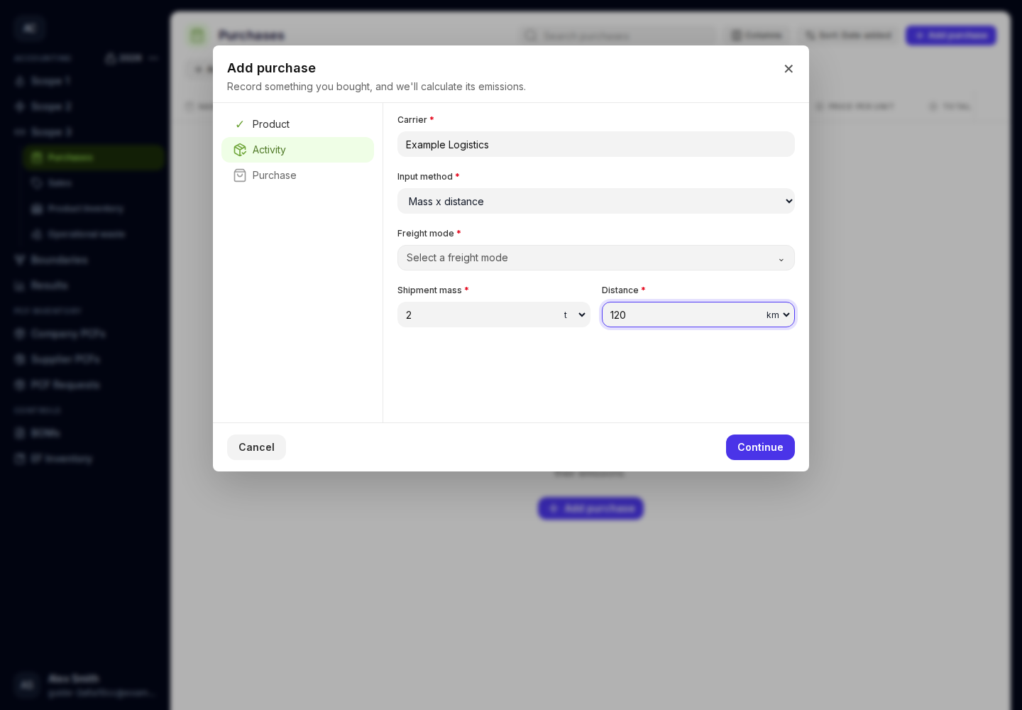 Freight activity form with carrier, input method, freight mode, mass, and distance.
