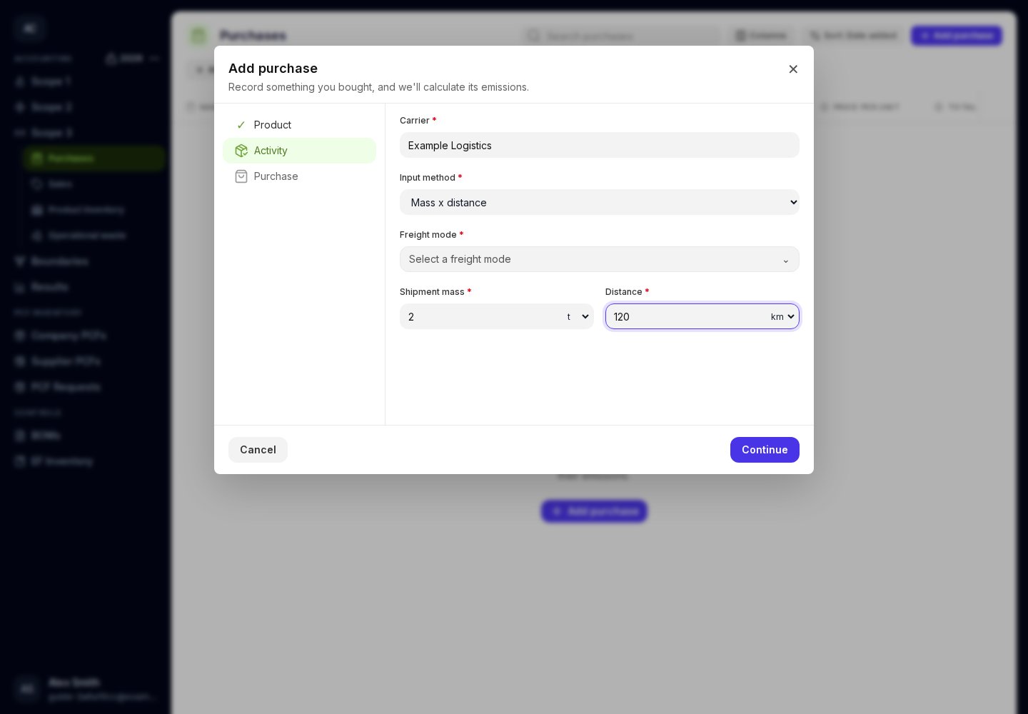 Freight activity form with carrier, input method, freight mode, mass, and distance.