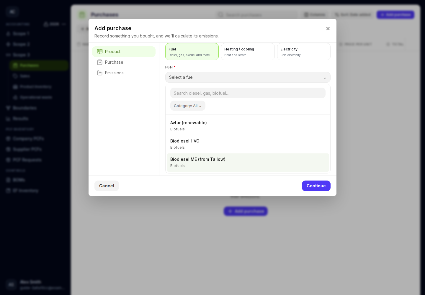 Fuel purchase selector with fuel names, search, and category filters.