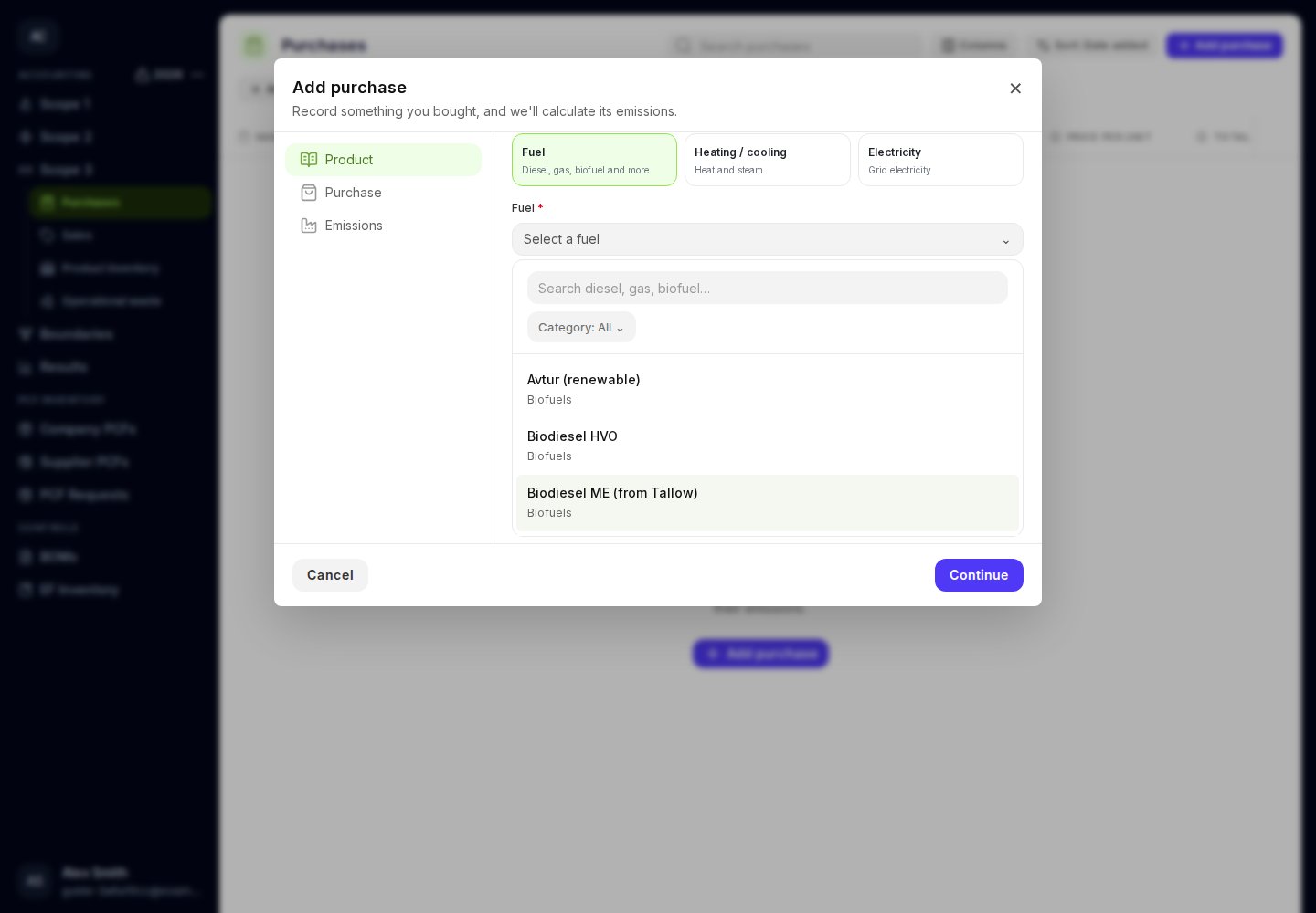 Fuel purchase selector with fuel names, search, and category filters.