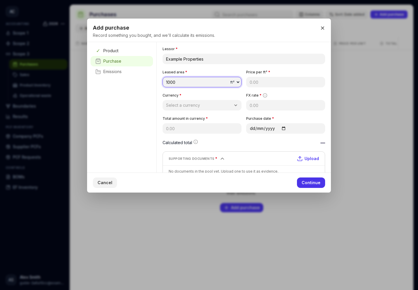 Upstream leased asset purchase fields for lessor, leased area, and price per area.
