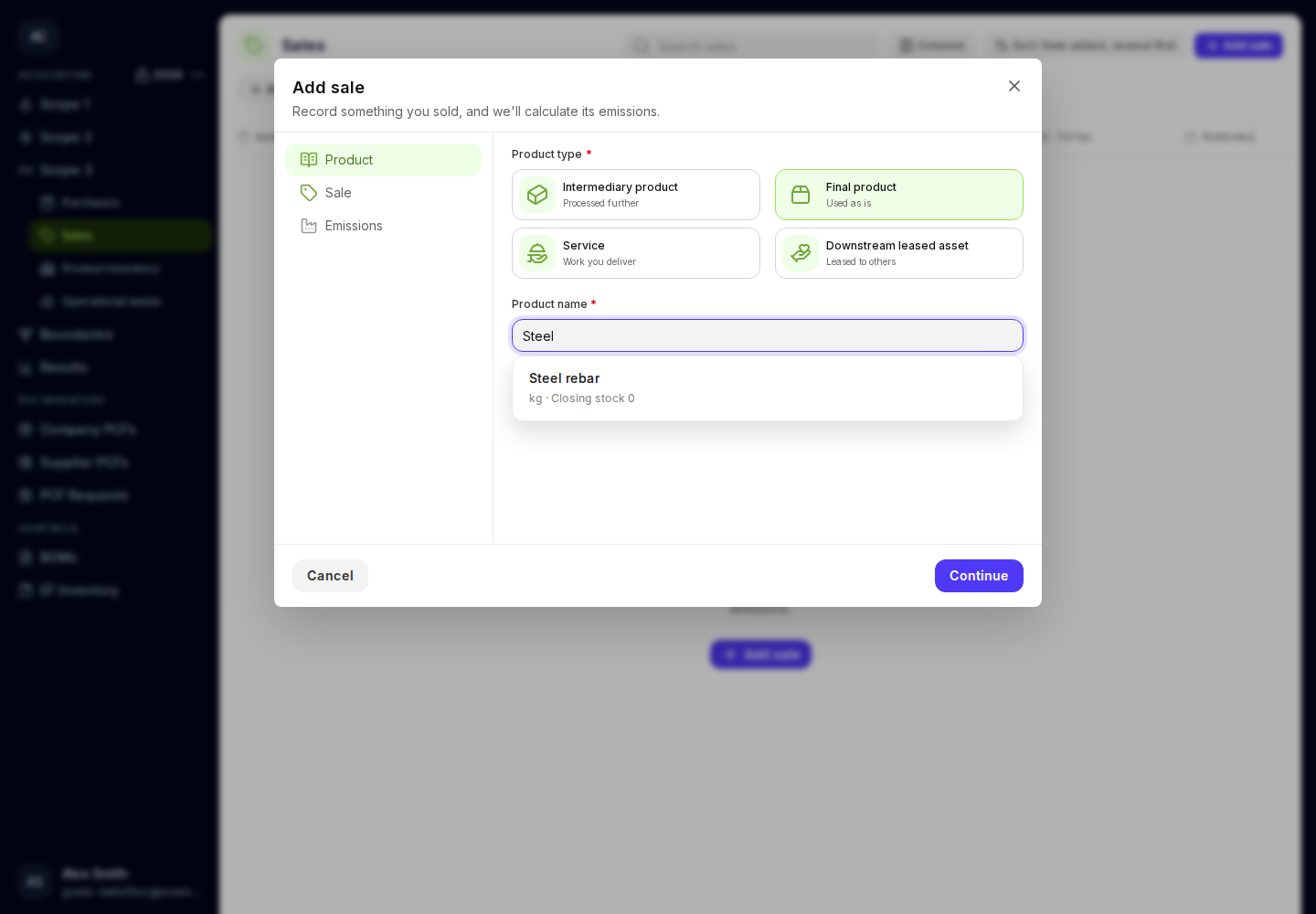 Sale product step showing existing product suggestions.