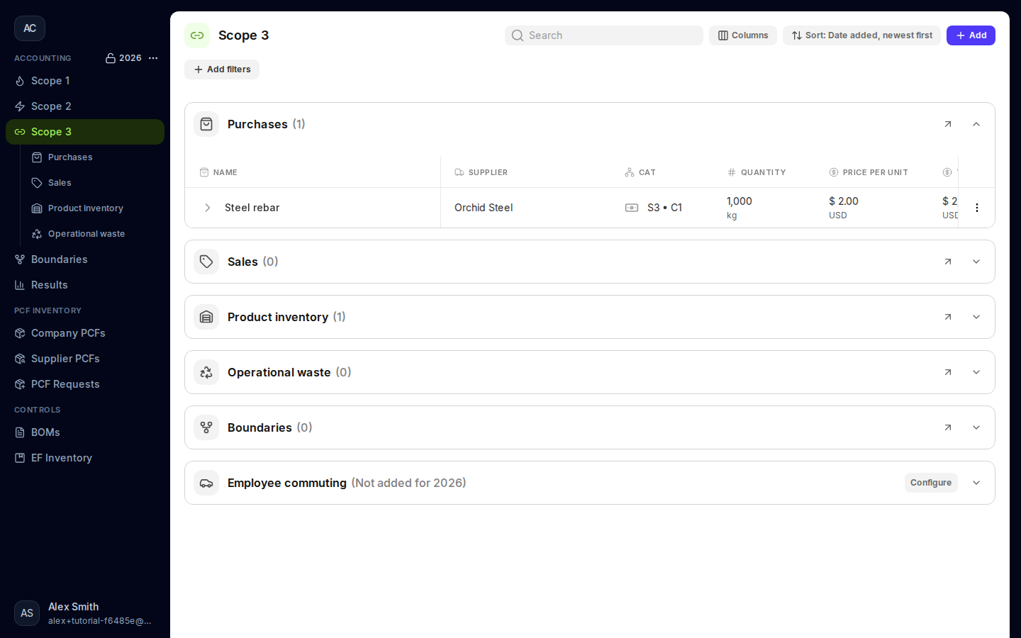 Scope 3 overview with expandable Purchases, Sales, Product inventory, Operational waste, Boundaries, and Employee commuting sections.