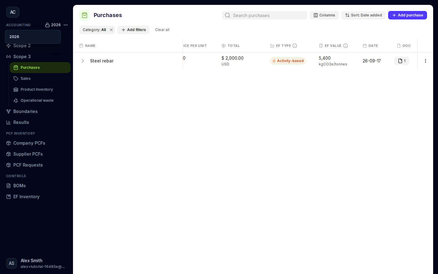 Accounting year selector open beside the current year in the workspace sidebar.