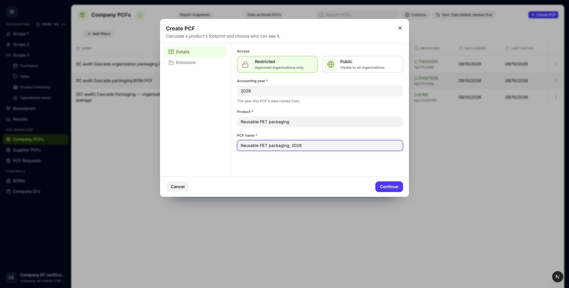 Choose access, year, product, and name before selecting a saved source.