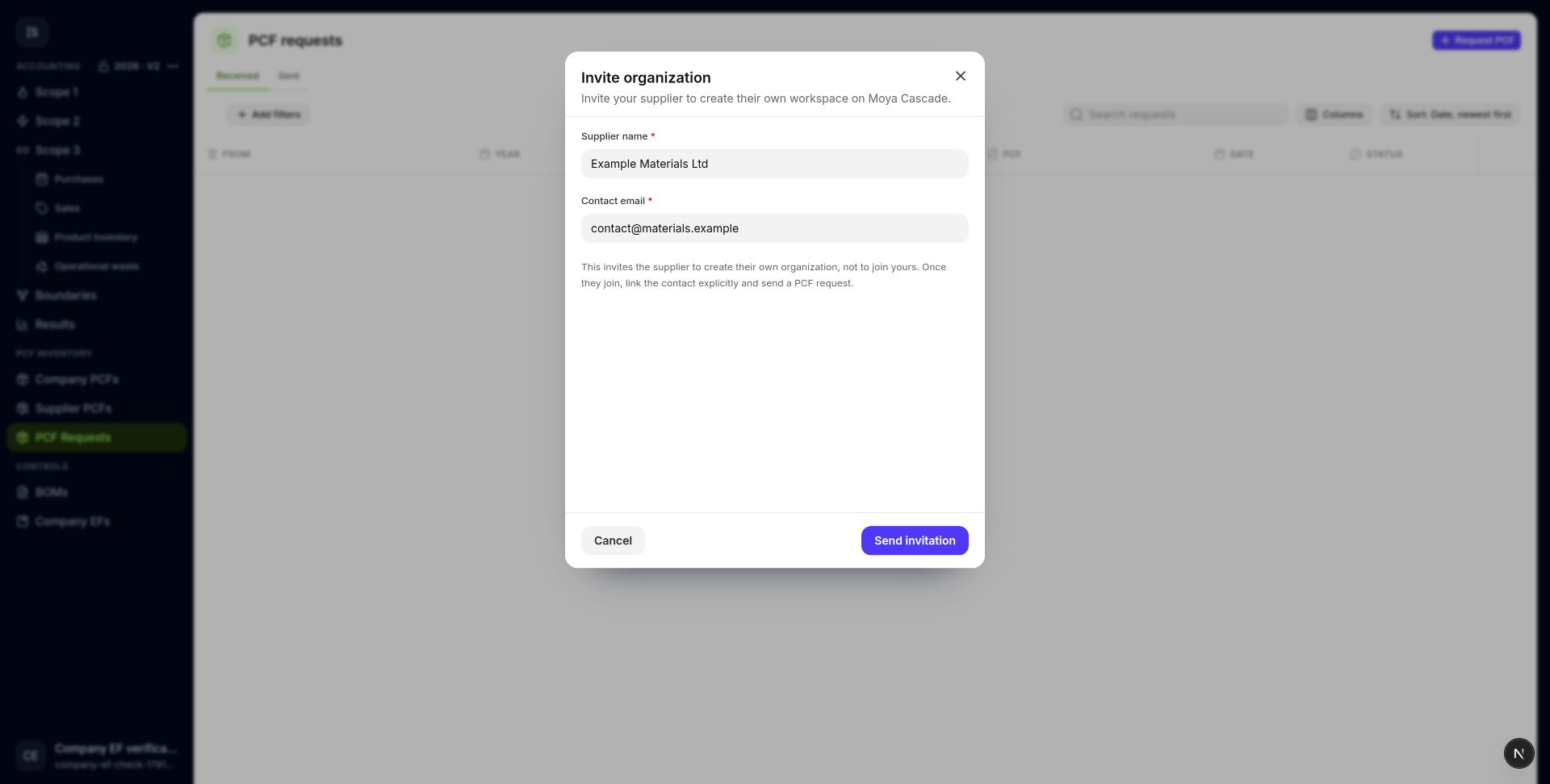 A supplier invitation creates a separate organization.