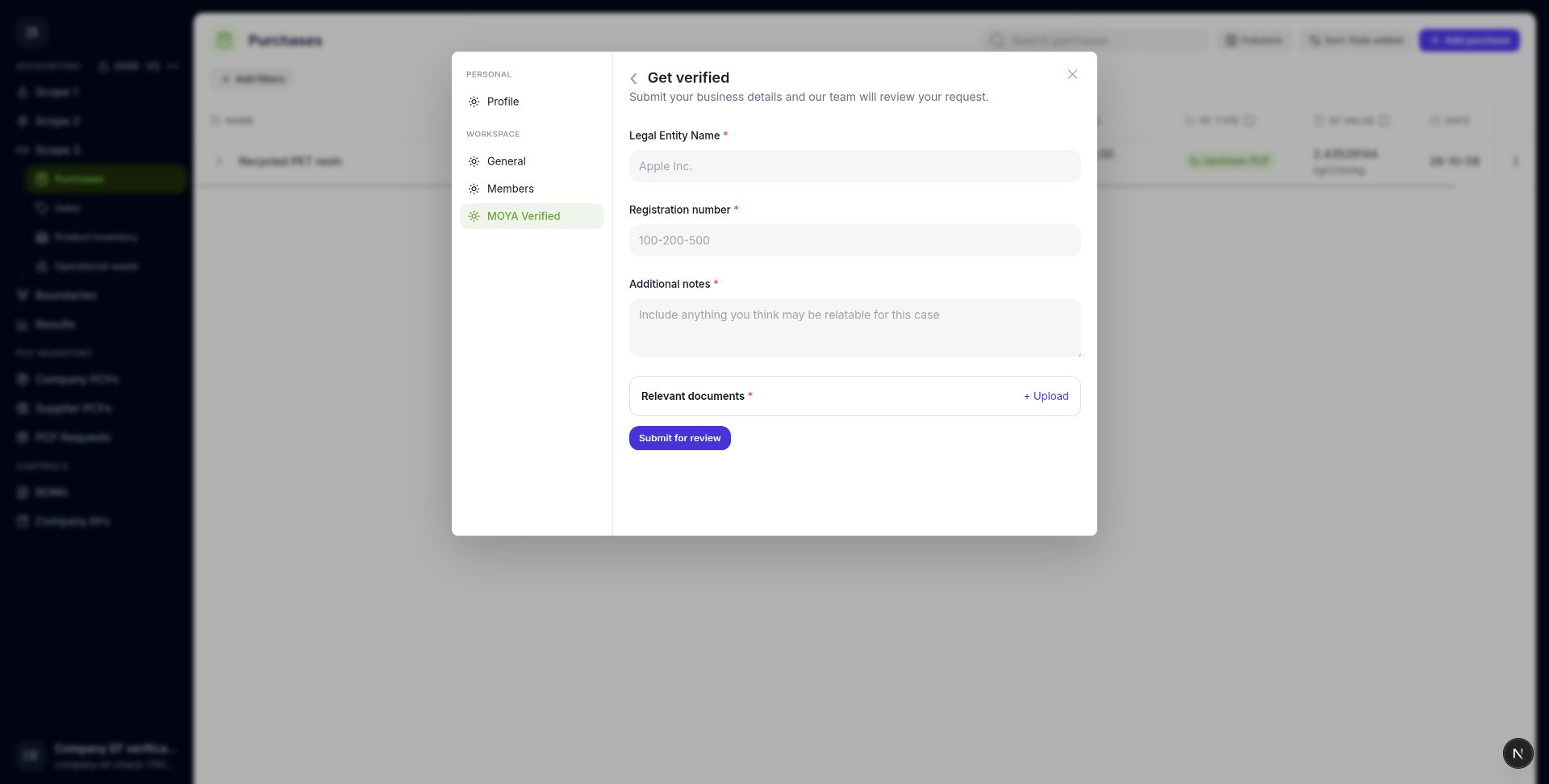 Submit legal business details and supporting documents for verification.