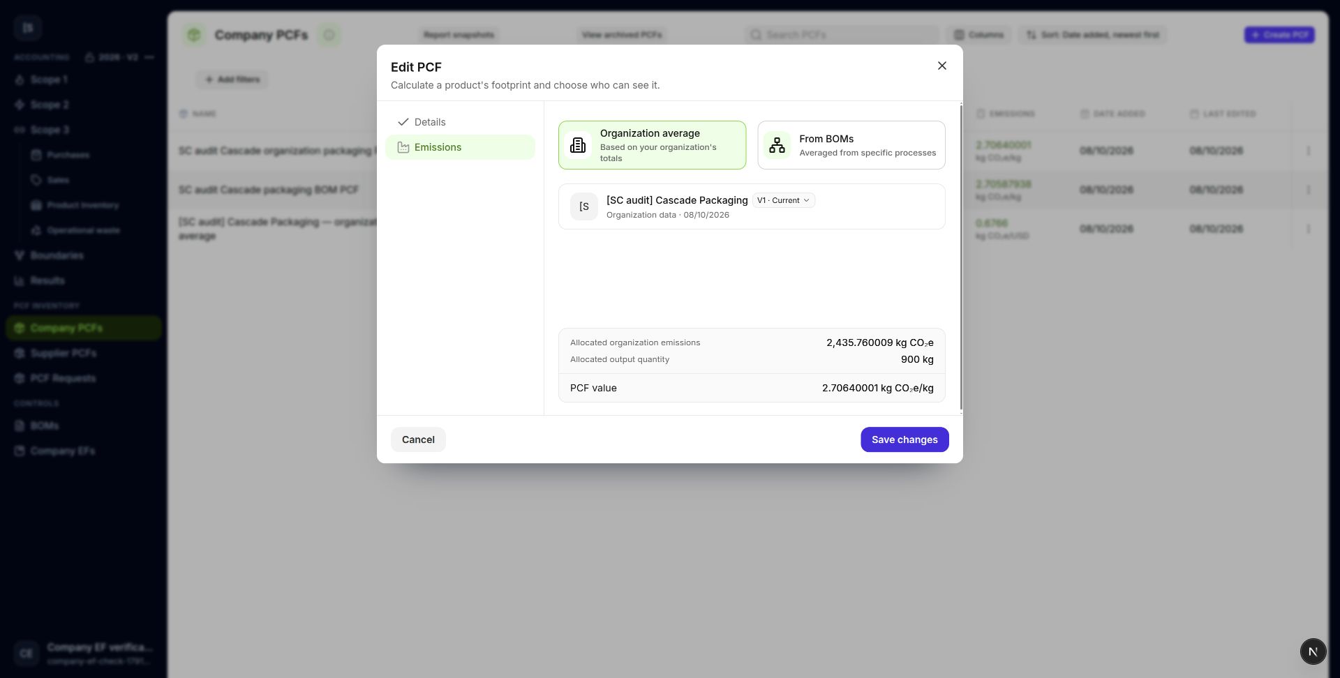 Select a saved organization version and review the product's allocated emissions.