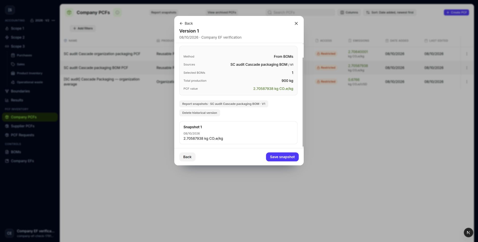 The PCF version shows its source version and saved snapshot.