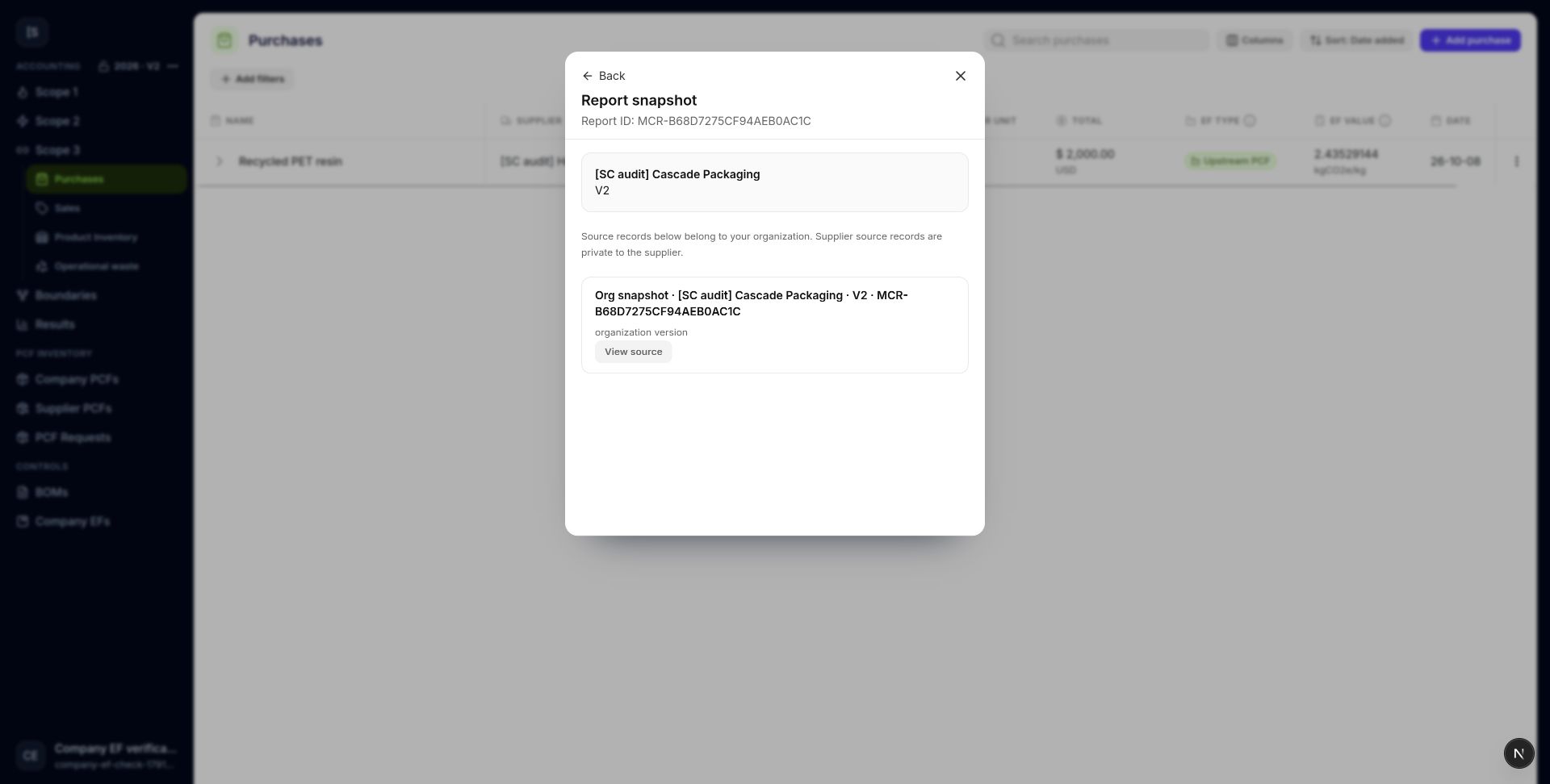 Each report lists the source versions captured within your organization.