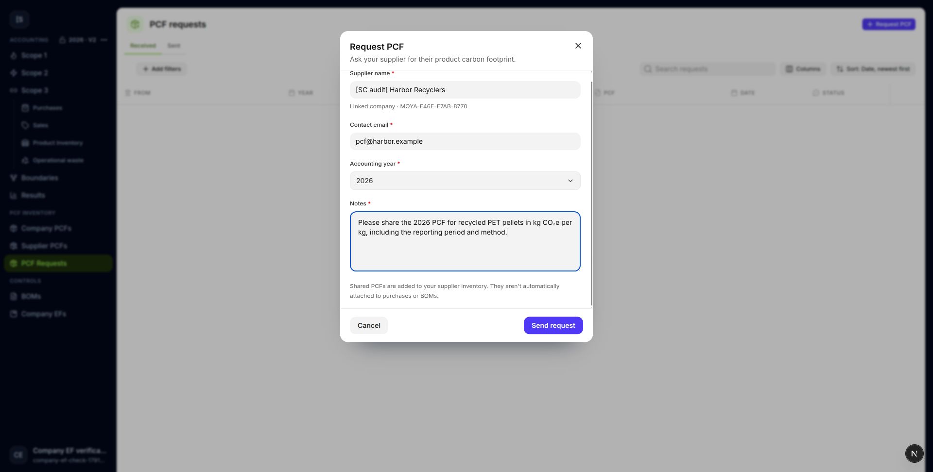 Specify the product, period, and unit before sending a PCF request.