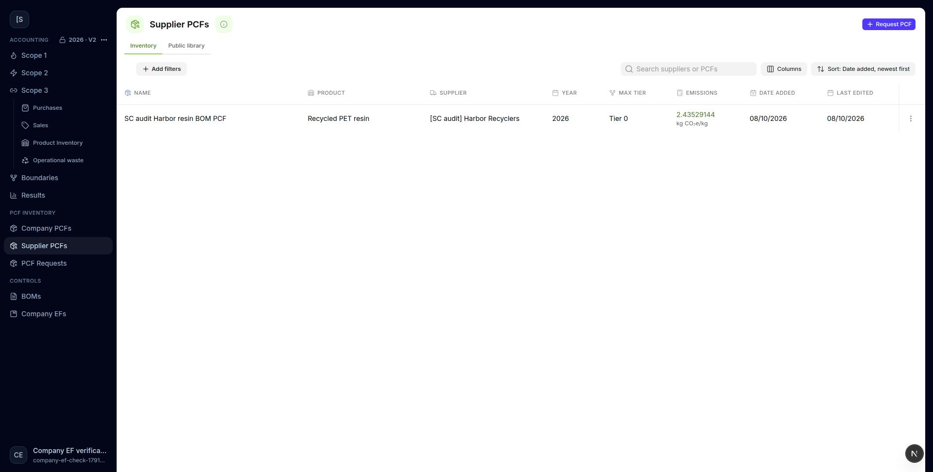 Shared PCFs appear in supplier inventory.
