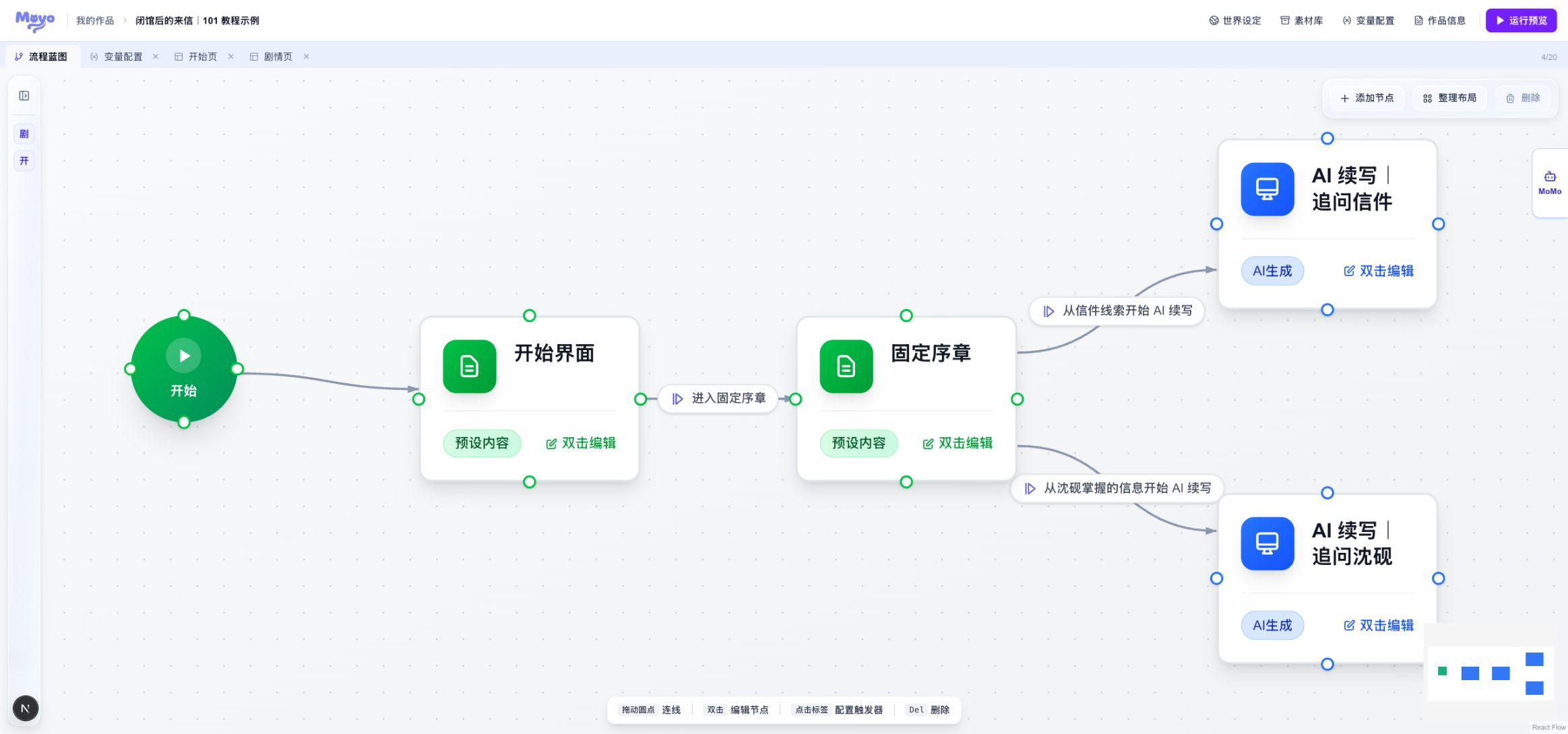 《闭馆后的来信》的编辑器全景,顶部是公共配置和保存入口,下方依次是工作区标签、模板库和当前编辑区域