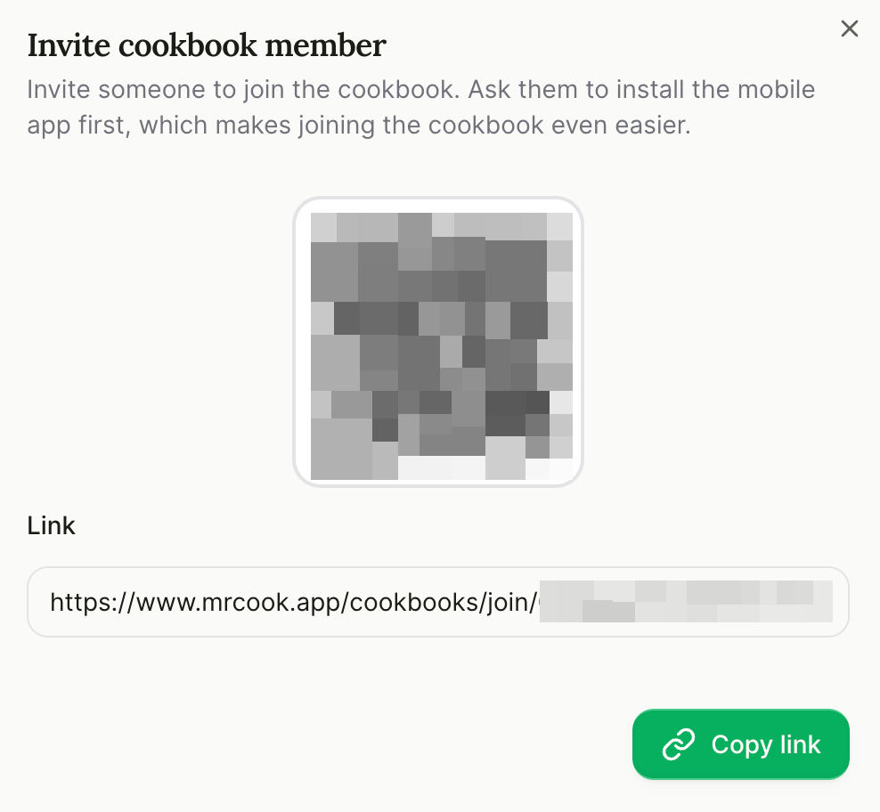 Invite to cookbook dialog