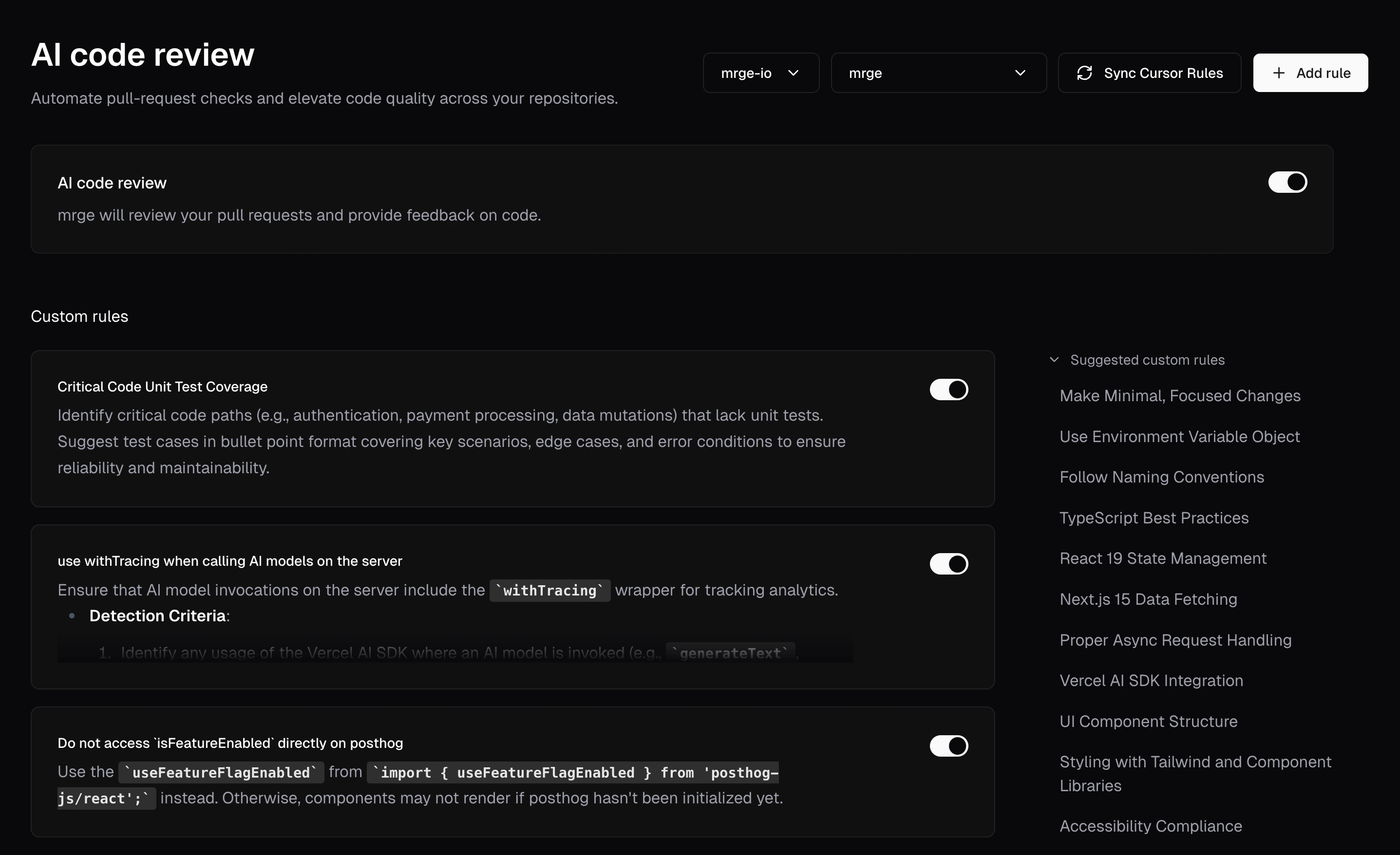 Toggle to enable AI review in repository settings
