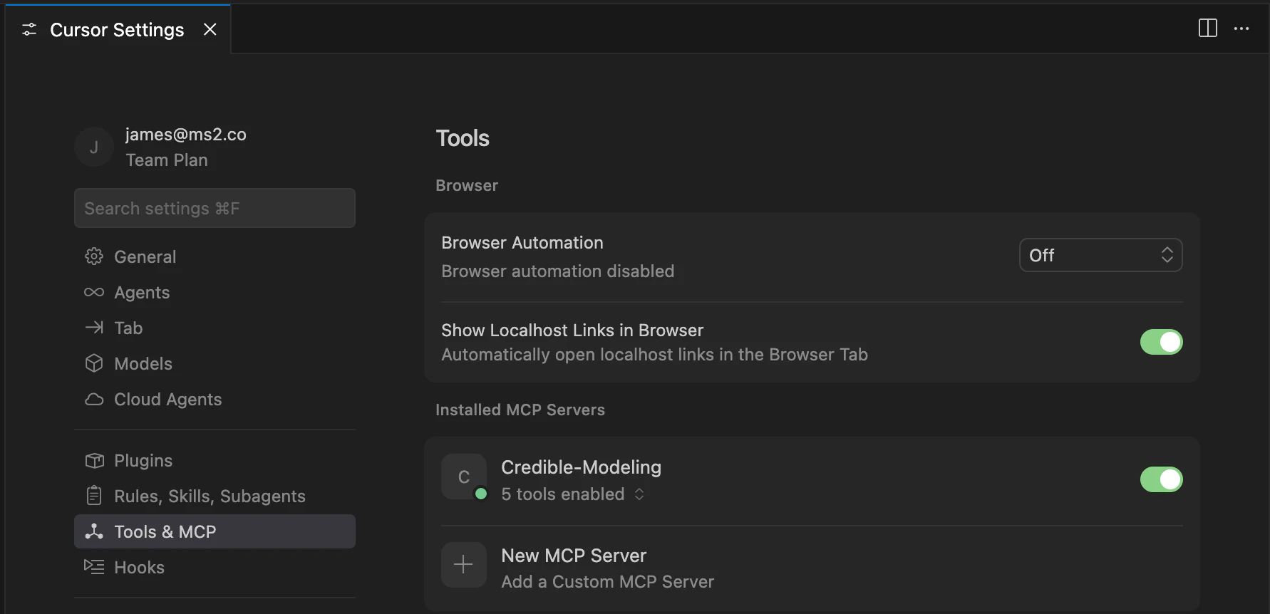 Toggling on the Credible-Modeling MCP server in Cursor settings