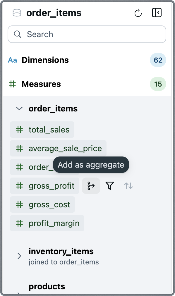 Source Panel Measures Hover Actions