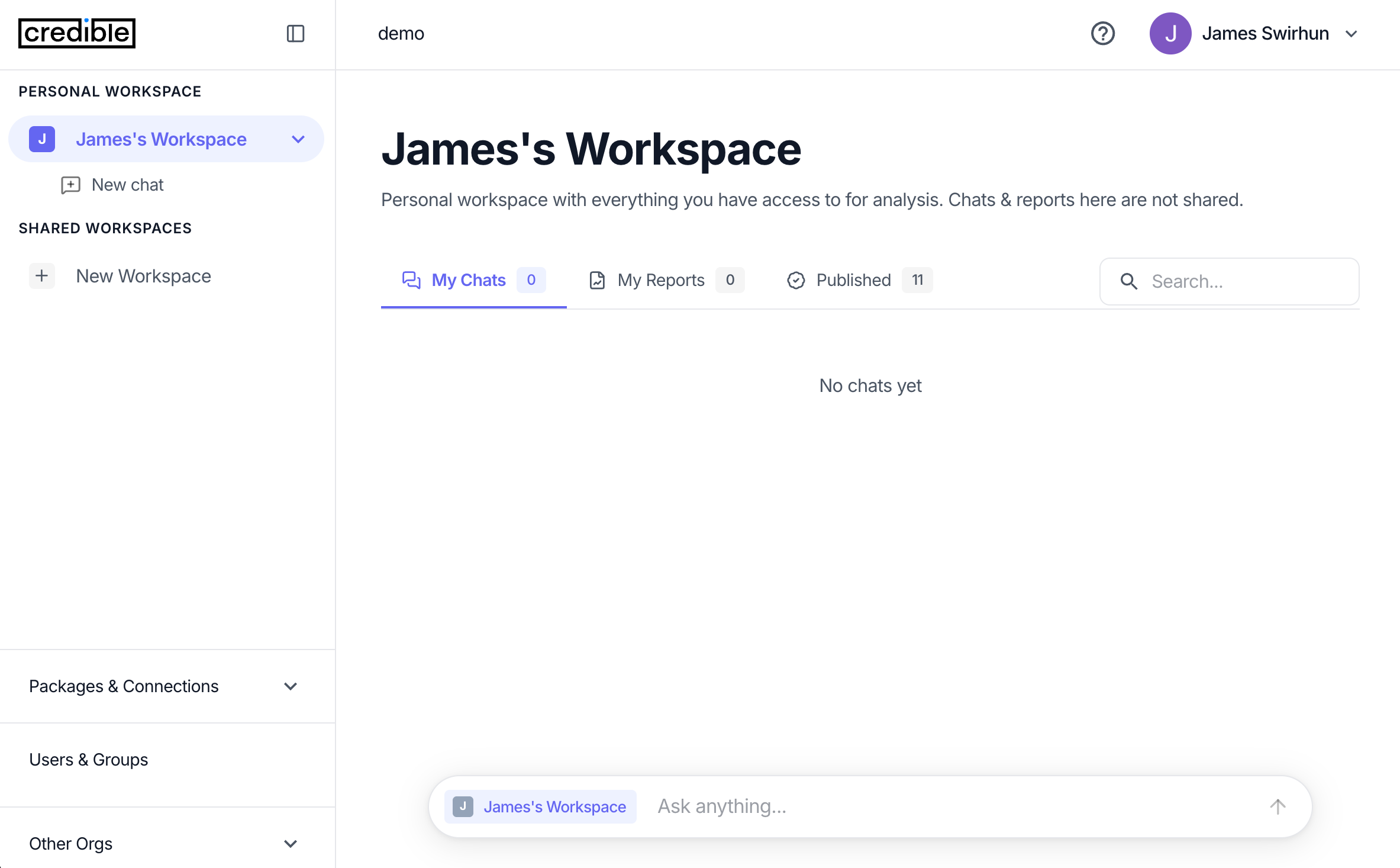 Personal workspace with New Chat button