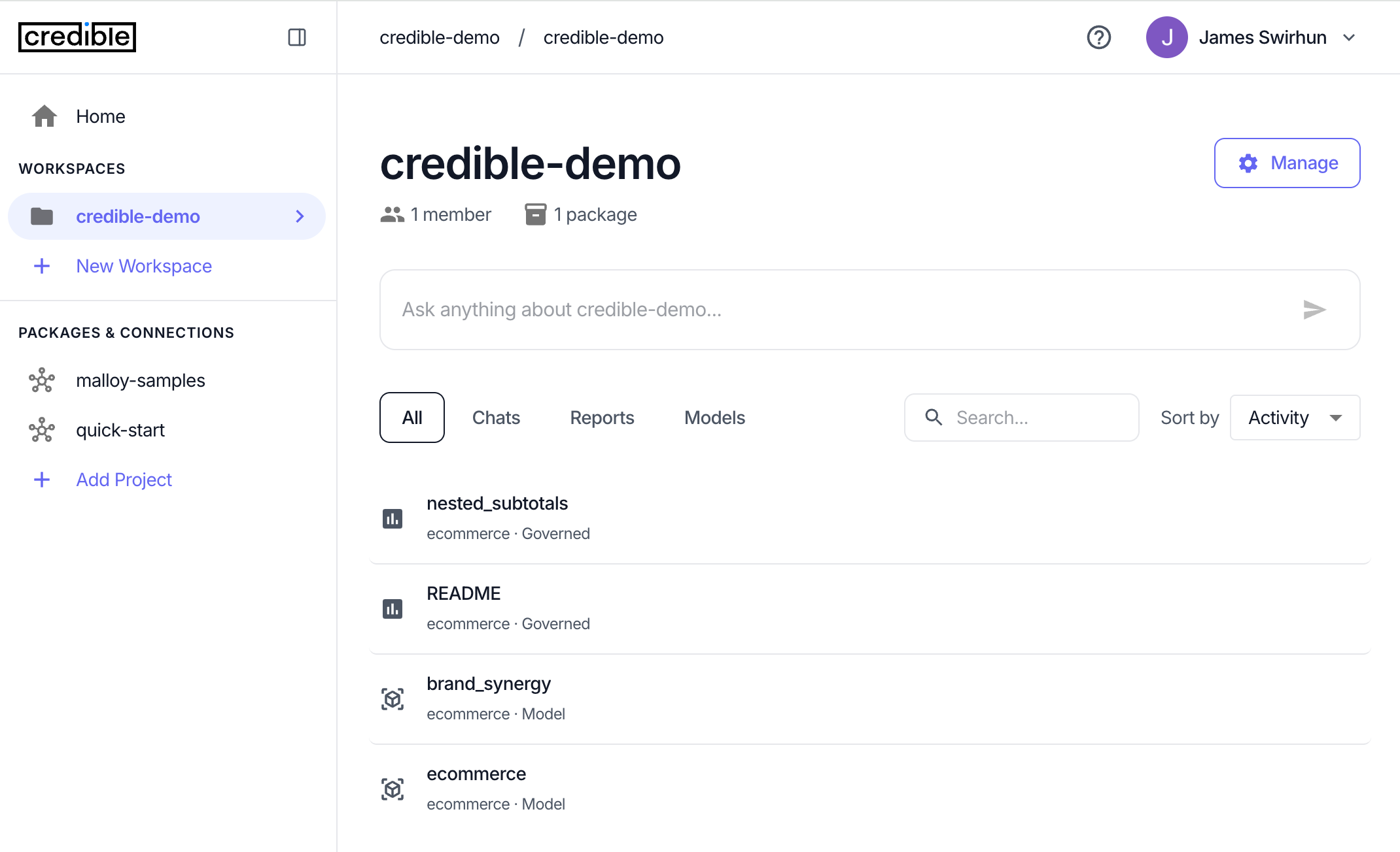 Workspace landing page showing chat input, tabs for Chats, Reports, and Models