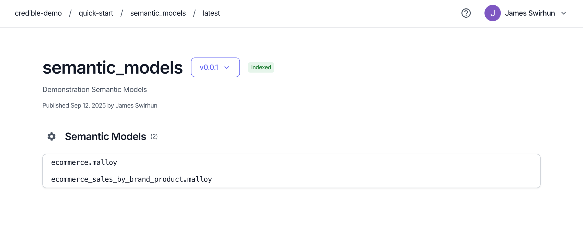Package page showing version, indexing status, and models