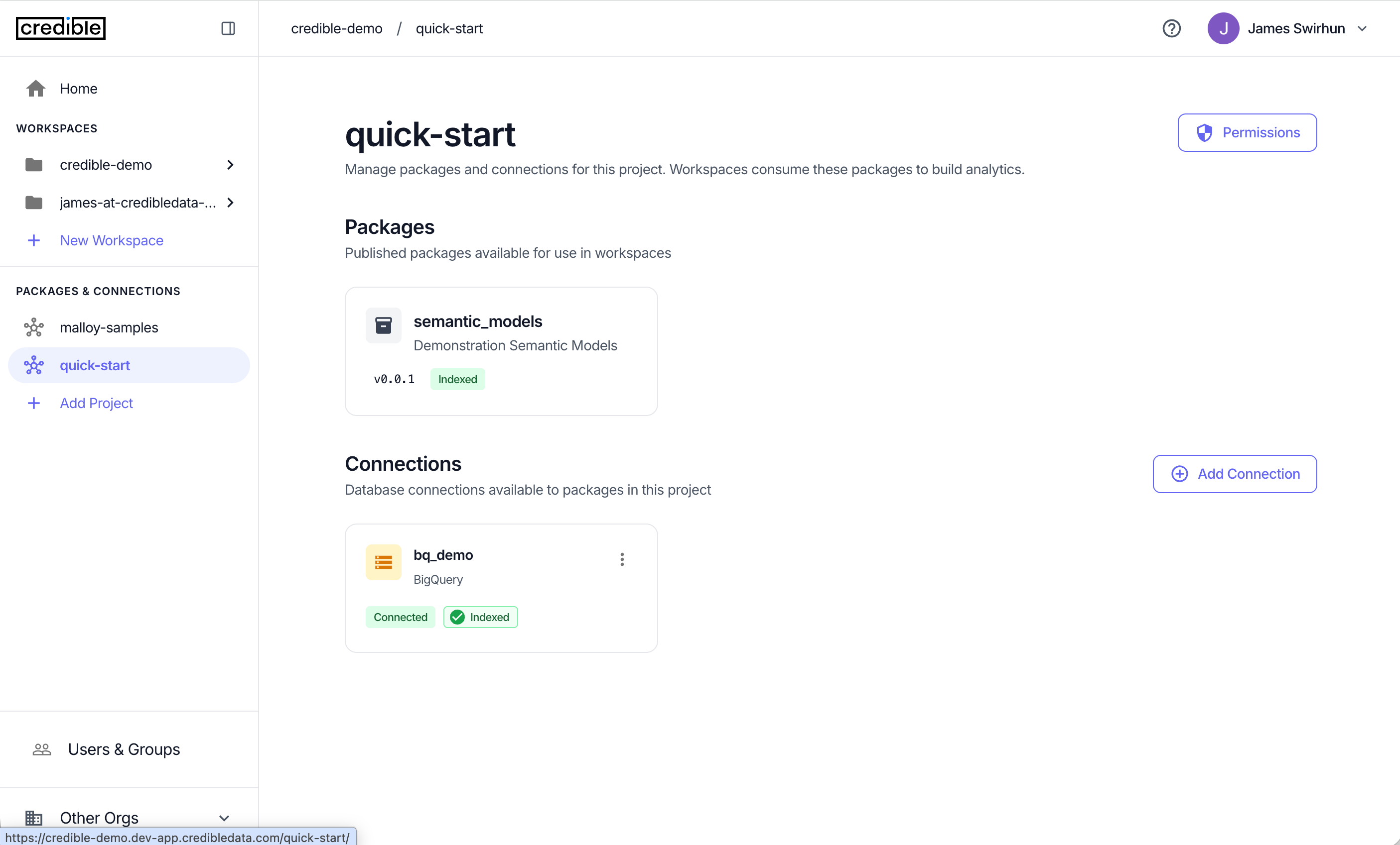 Project page showing packages and connections