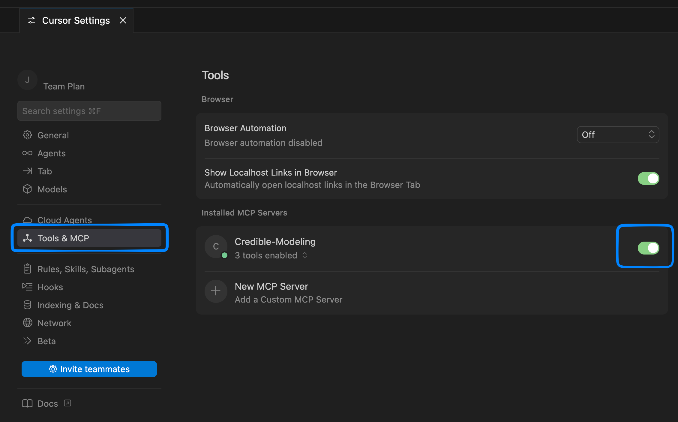 Toggling on the Credible-Modeling MCP server in Cursor settings