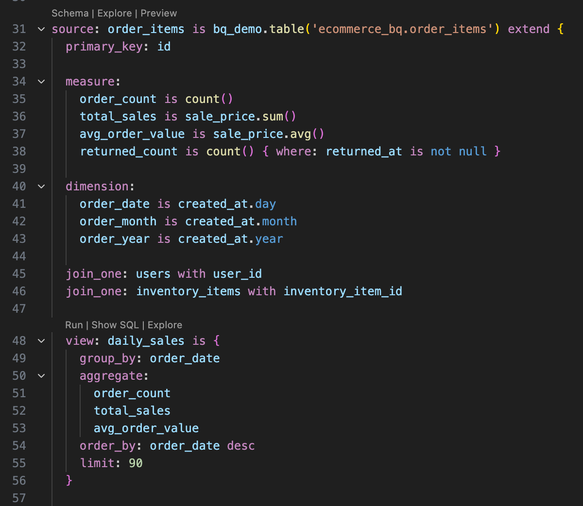 Malloy source with Schema, Explore, Preview buttons