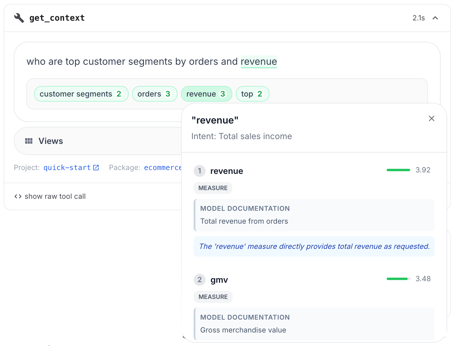 get_context tool showing phrase parsing and entity matching