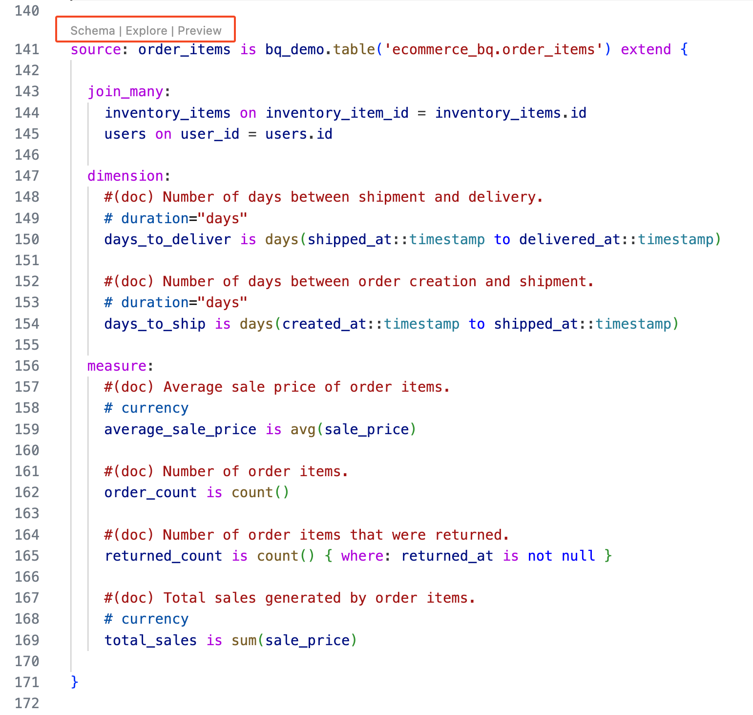 Malloy source with Schema, Explore, Preview buttons