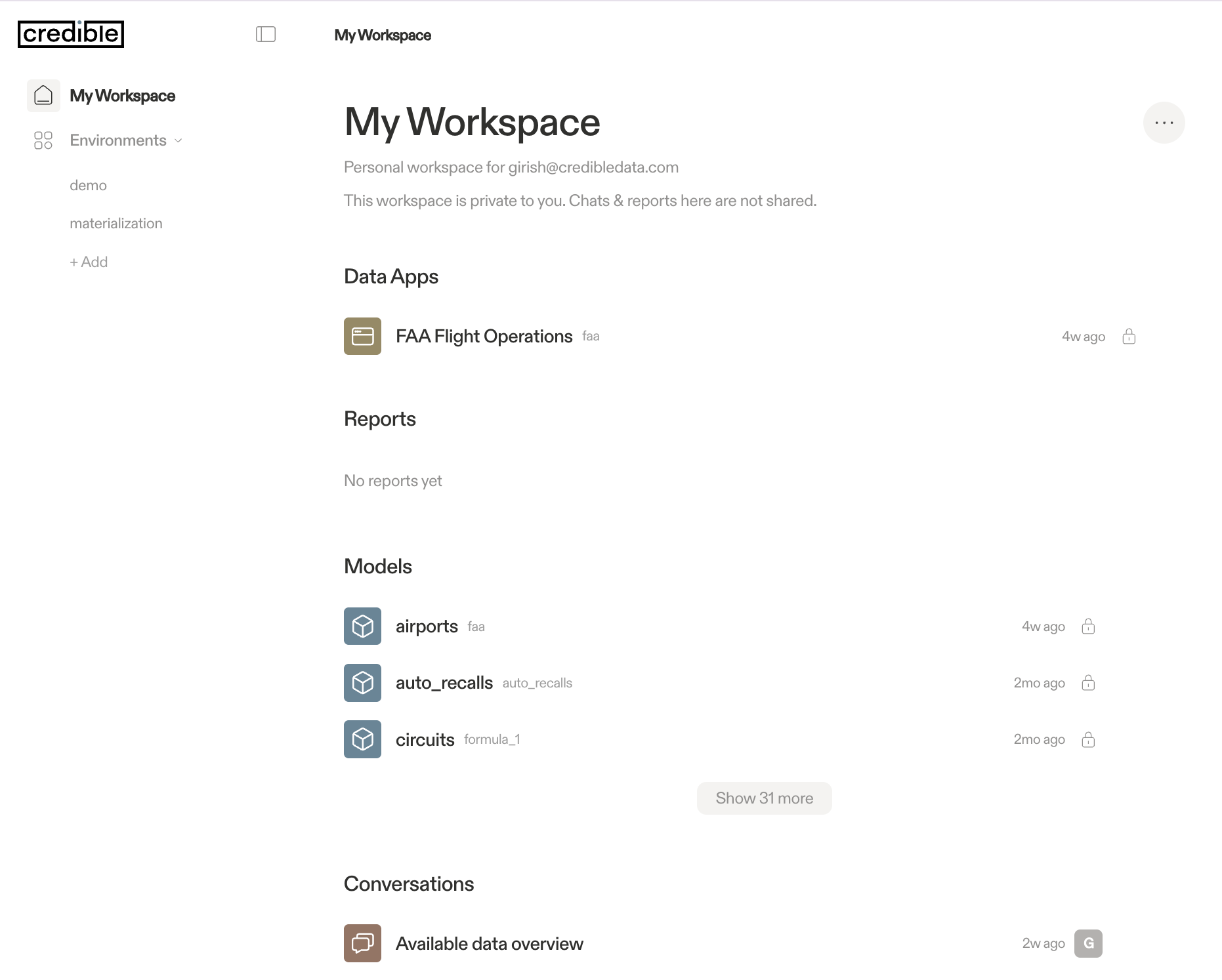 Workspace landing page showing Data Apps, Reports, Models, and Conversations