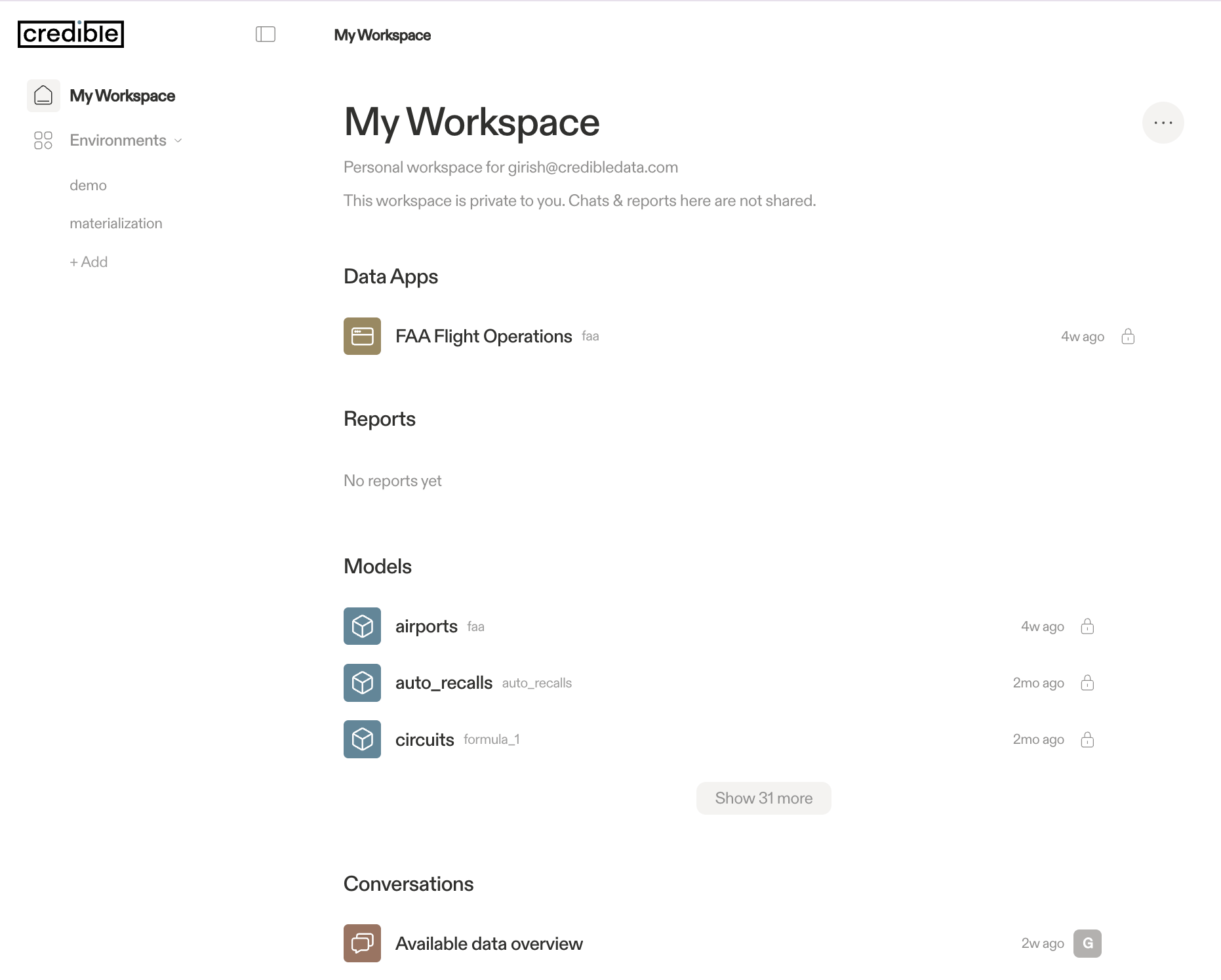 Workspace landing page showing Data Apps, Reports, Models, and Conversations