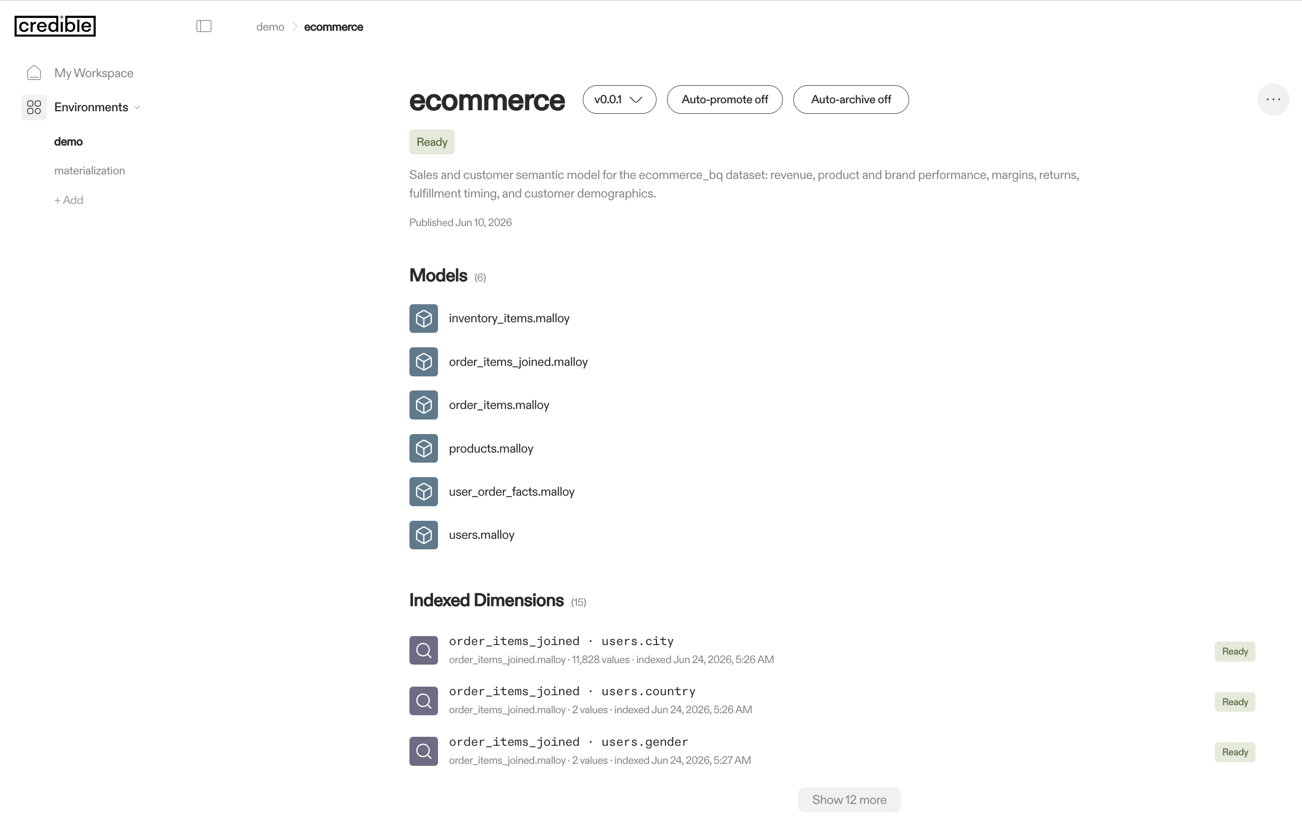 Package version page showing Ready status, models, and indexed dimensions
