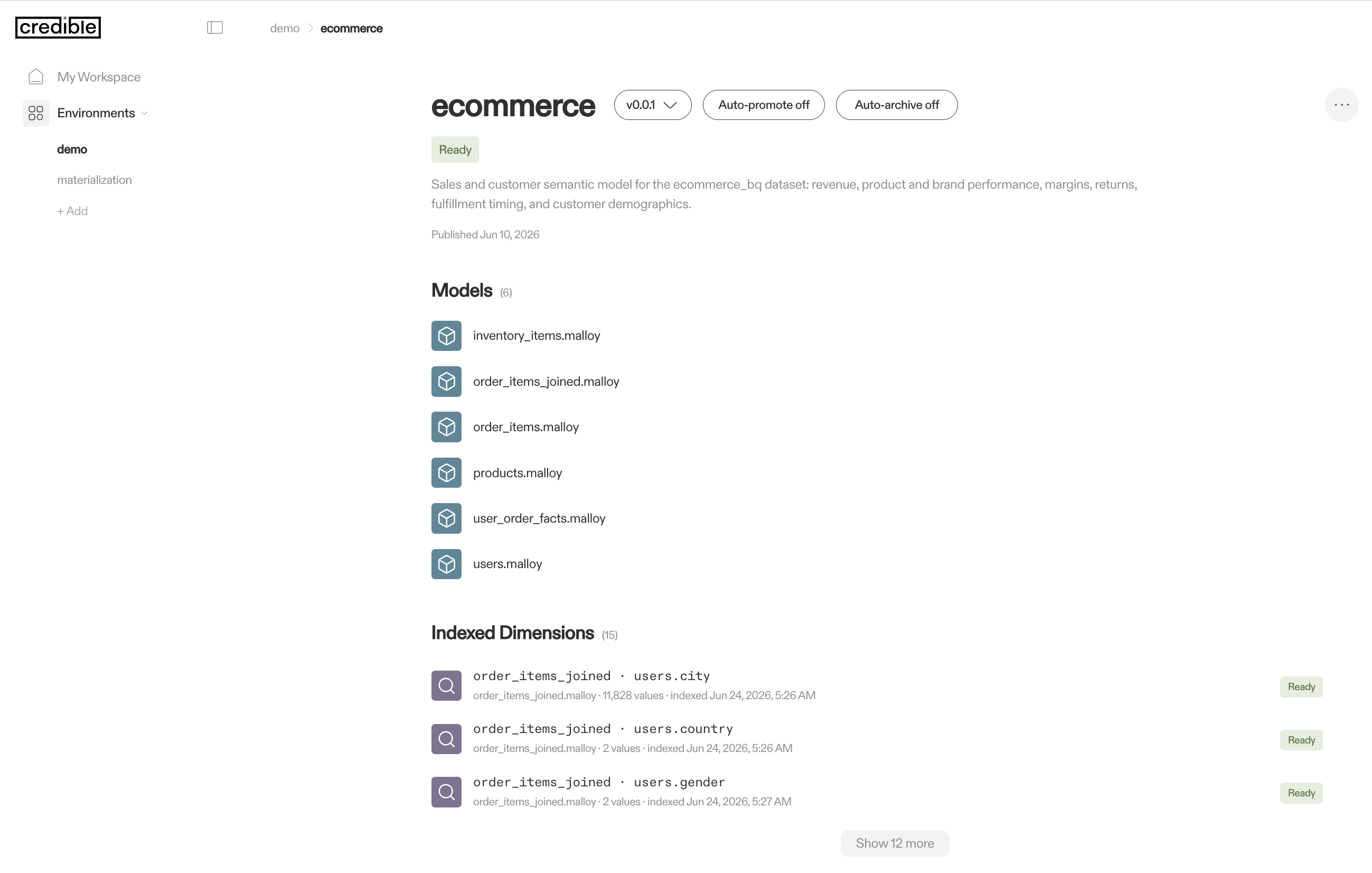 Package version page showing Ready status, models, and indexed dimensions
