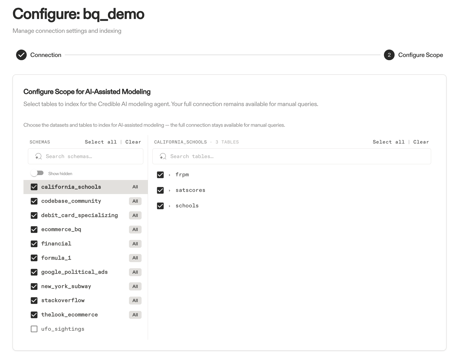 Configure scope - select tables for AI indexing
