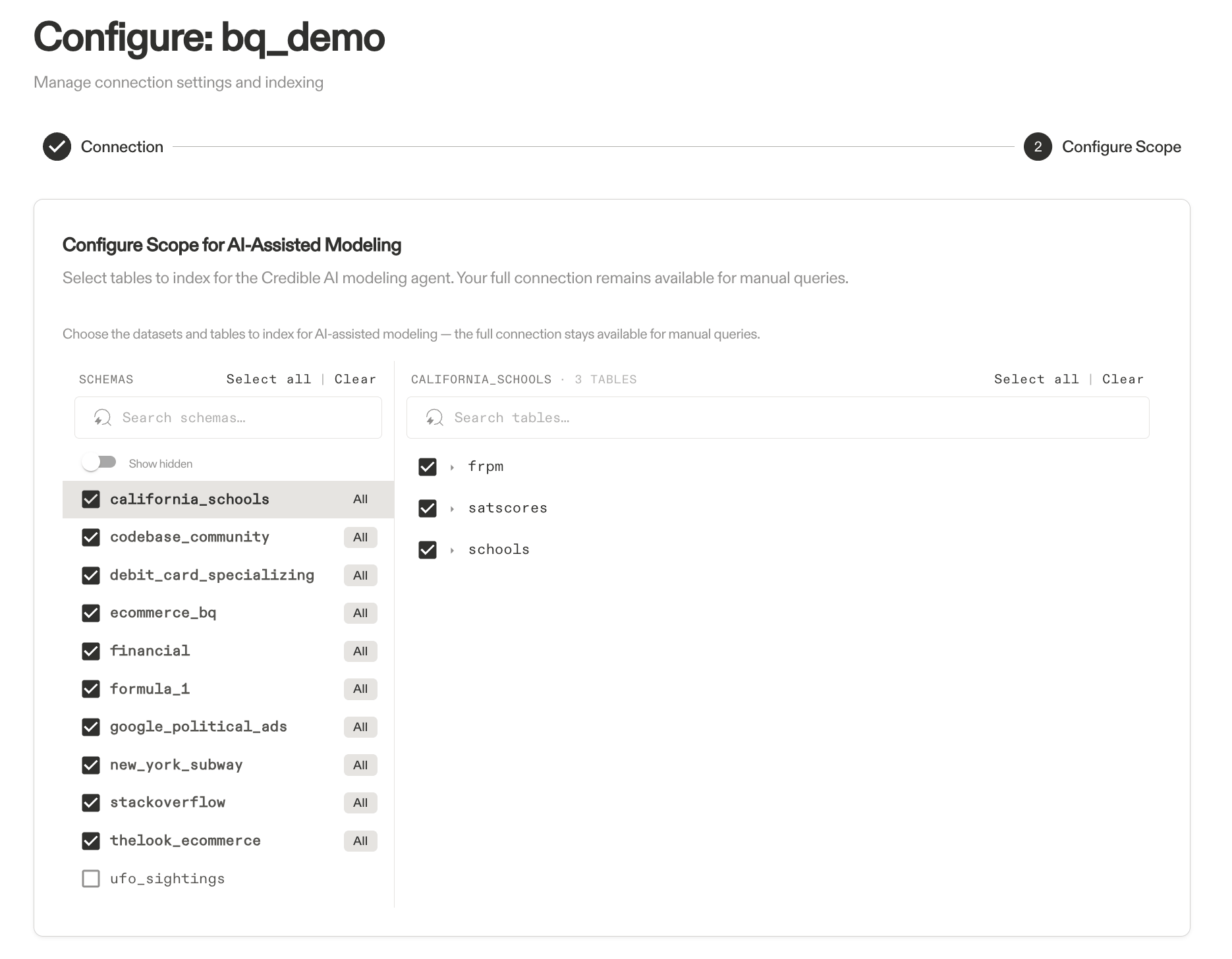 Configure scope - select tables for AI indexing