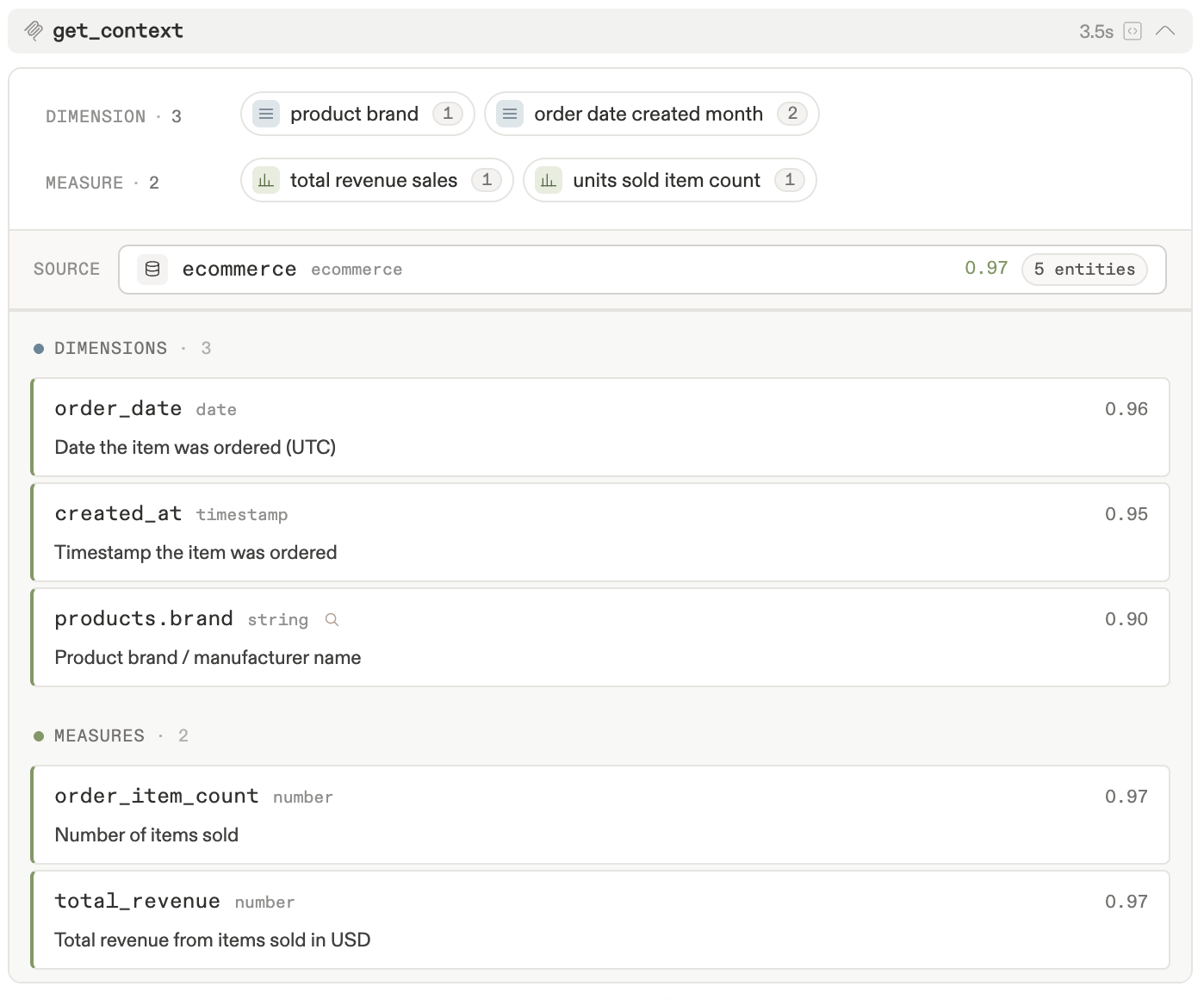 get_context tool showing phrase parsing and entity matching