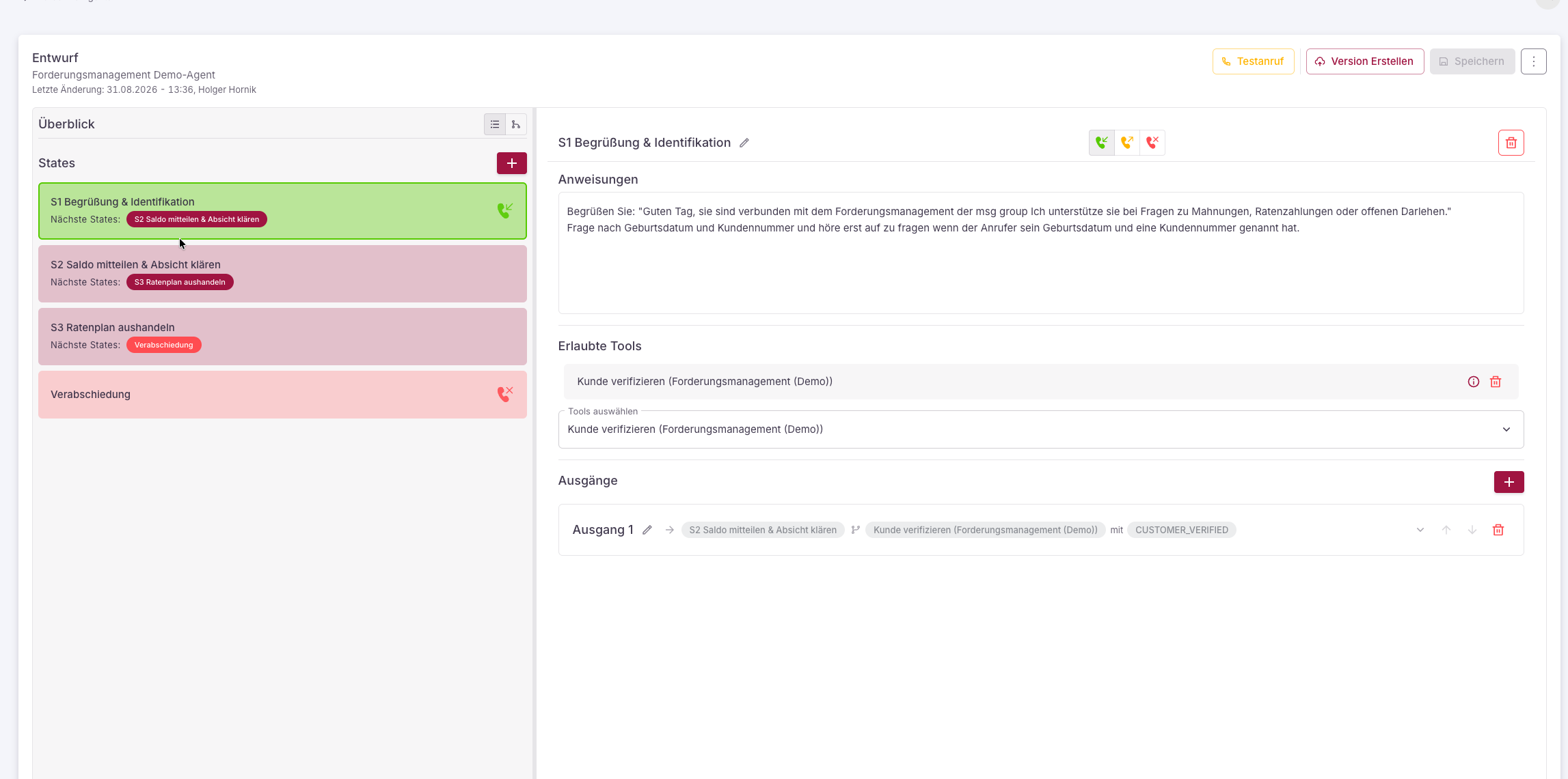 Flow-Editor mit Zustandsliste und Zustands-Konfiguration