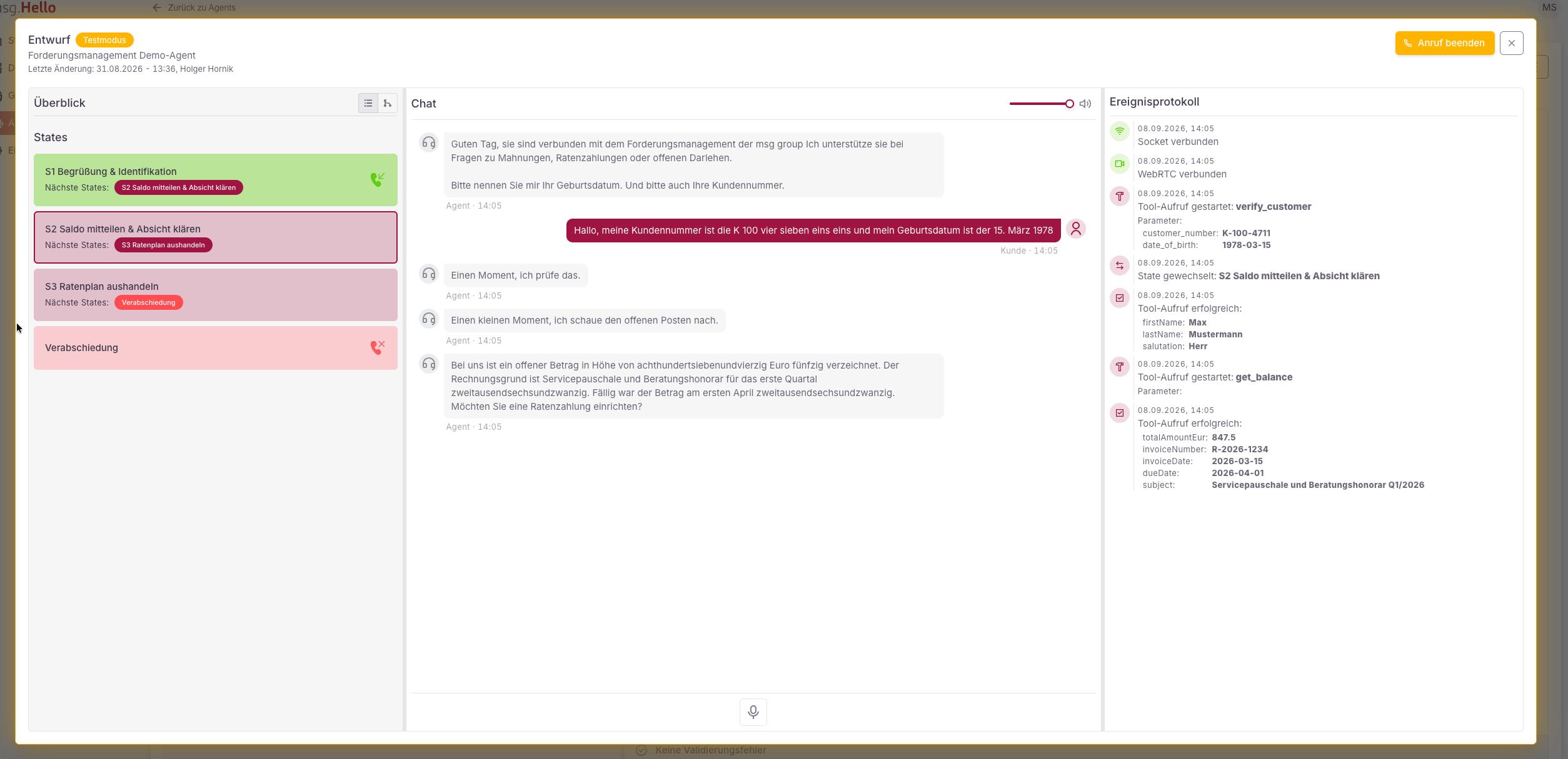 Test call interface with state list, live chat, and event log