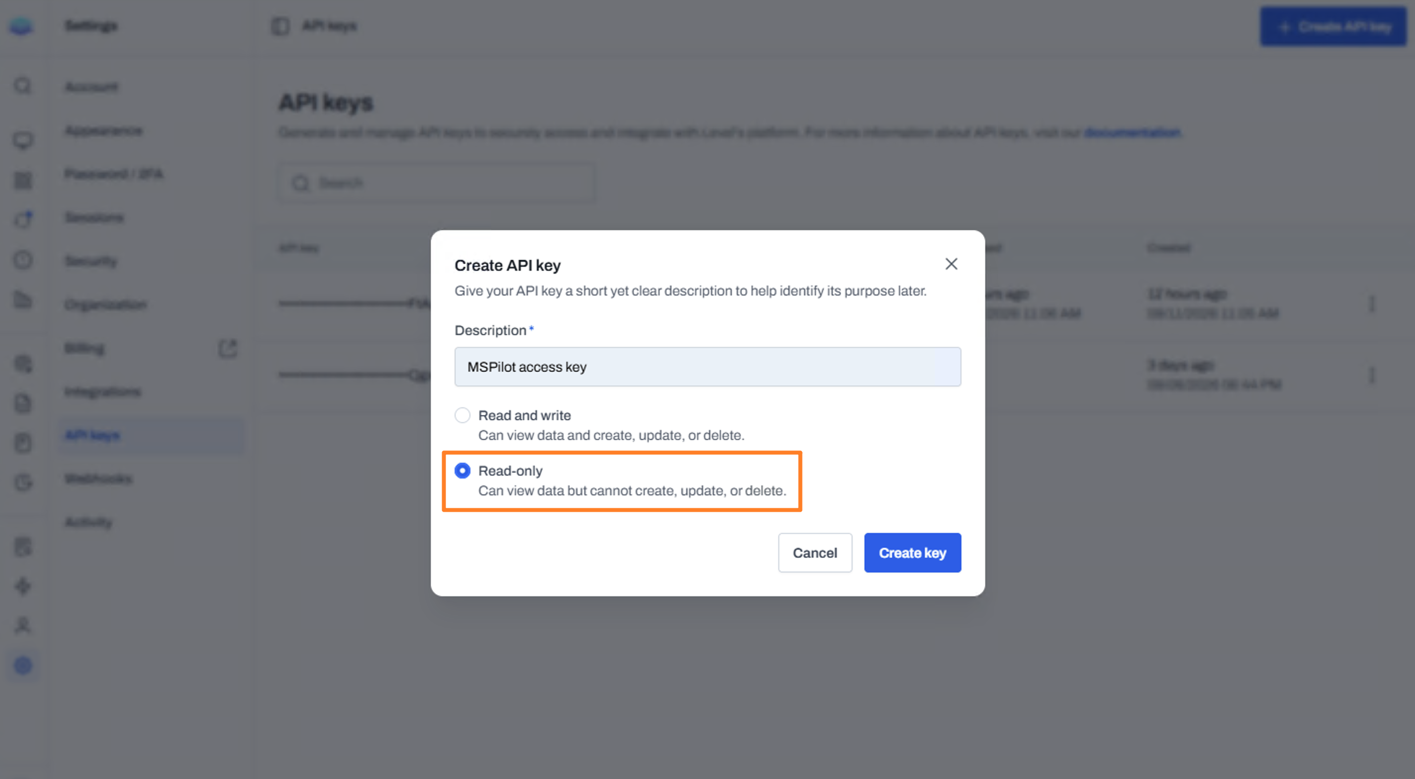 Create API key dialog with Read-only selected.