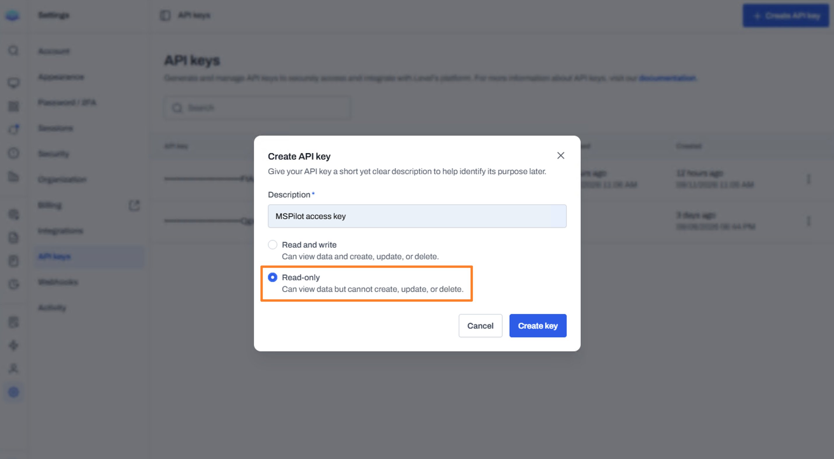 Create API key dialog with Read-only selected.