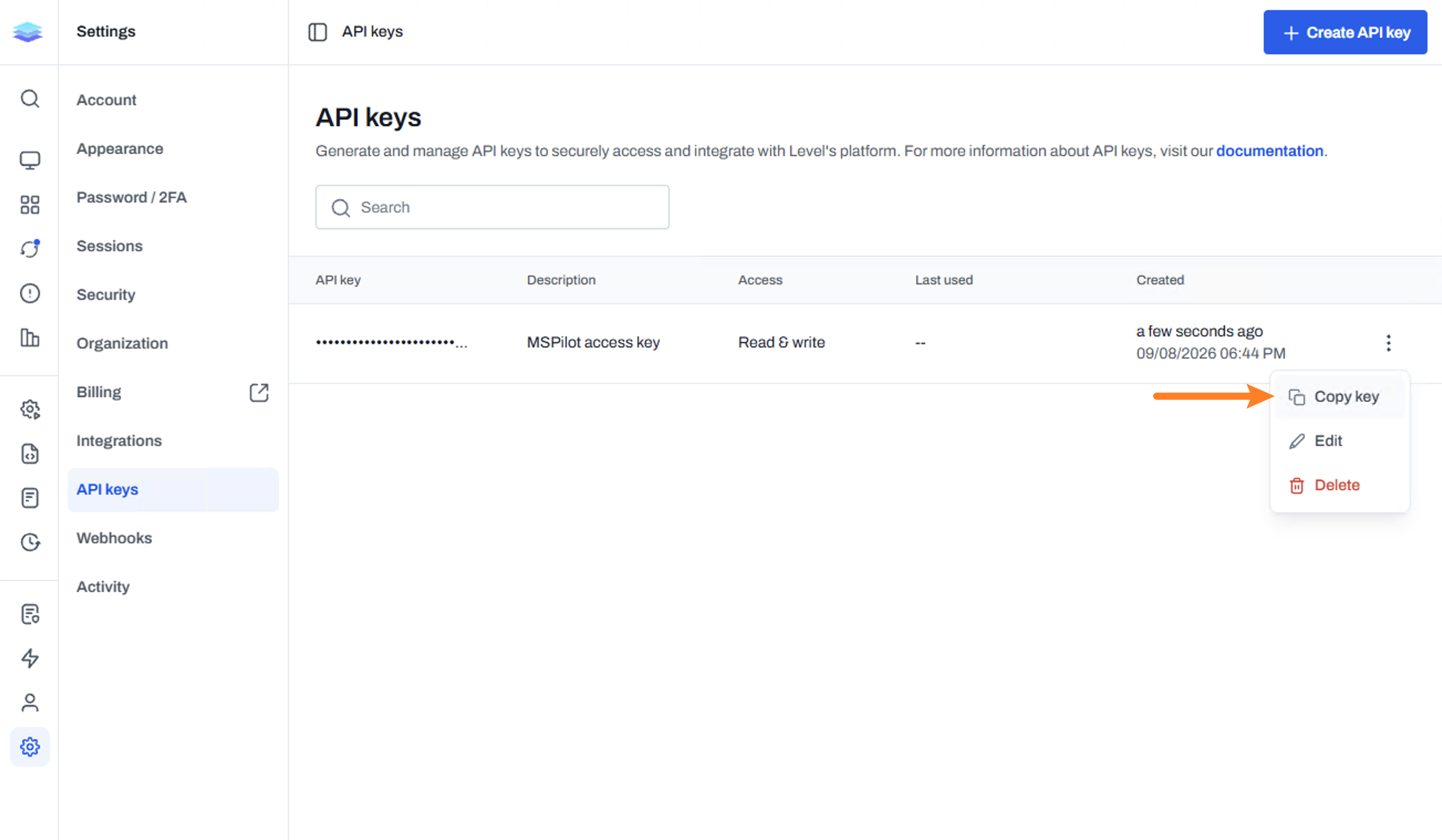 API key created, with the key ready to copy.