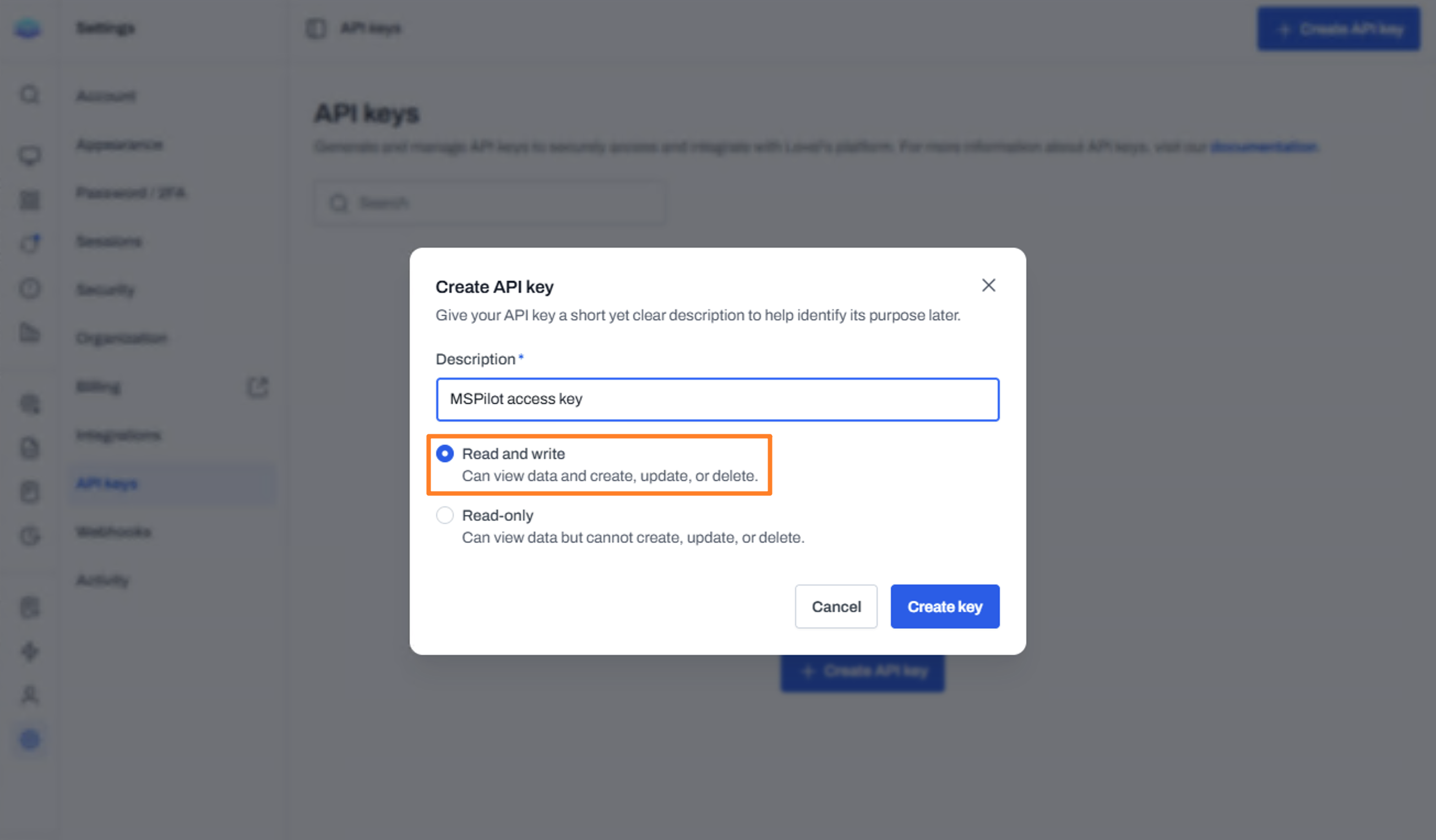 Create API key dialog with Read and write selected.
