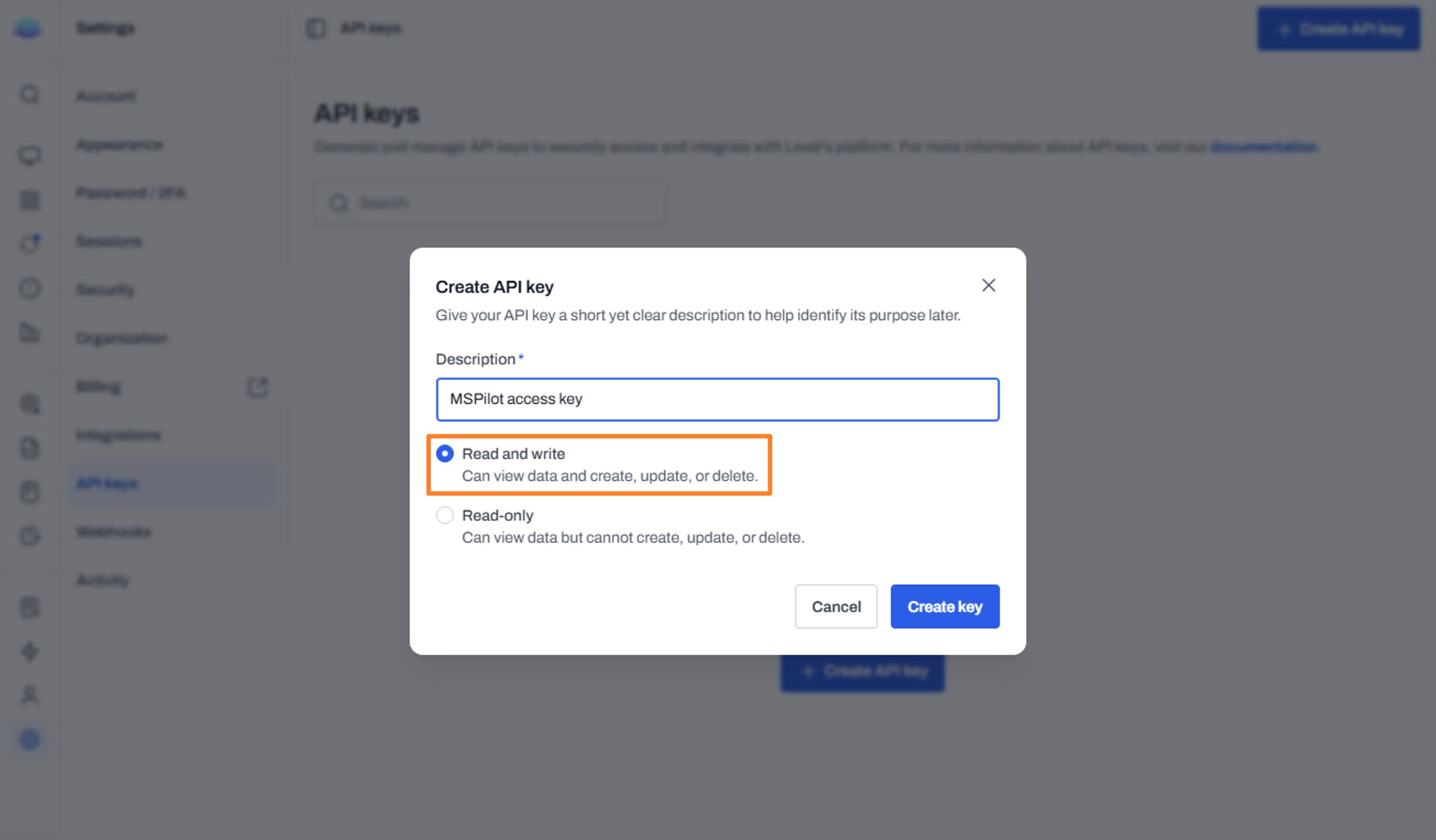 Create API key dialog with Read and write selected.