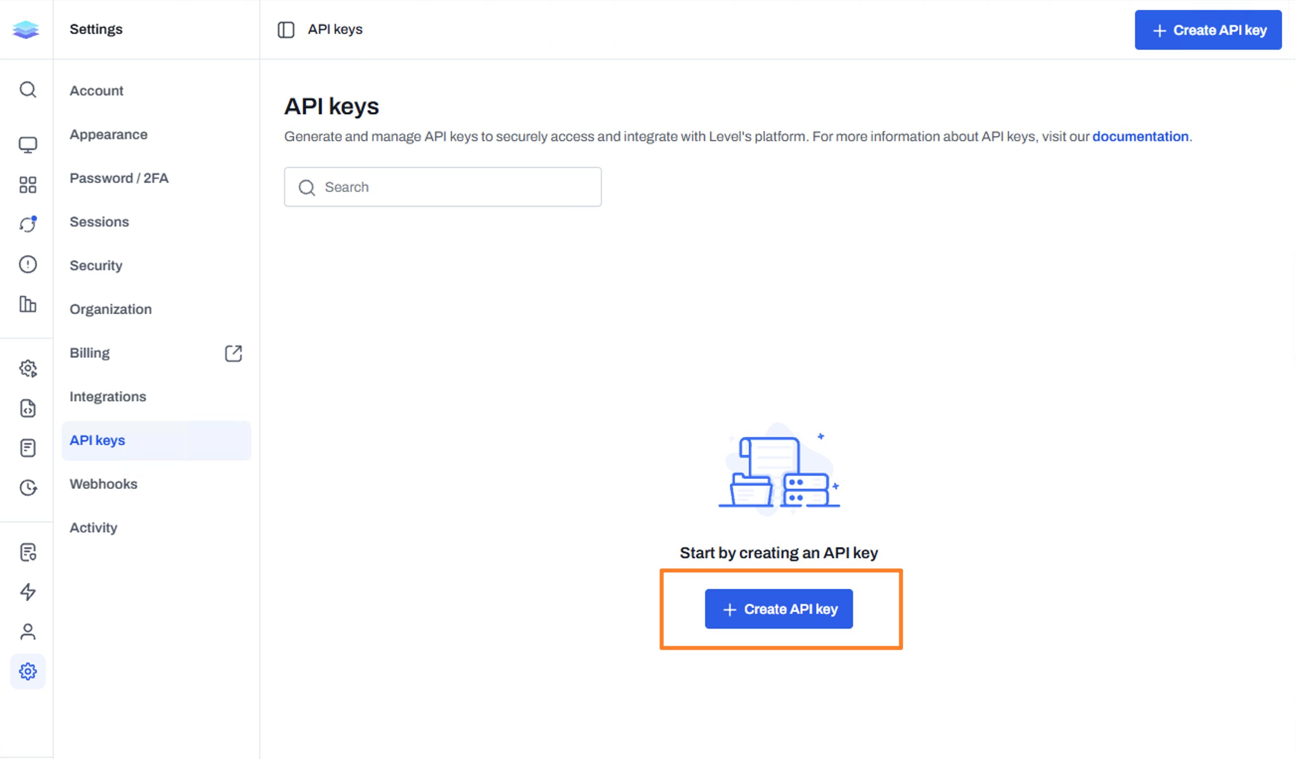 API keys page in Level, with Create API key in the top right.
