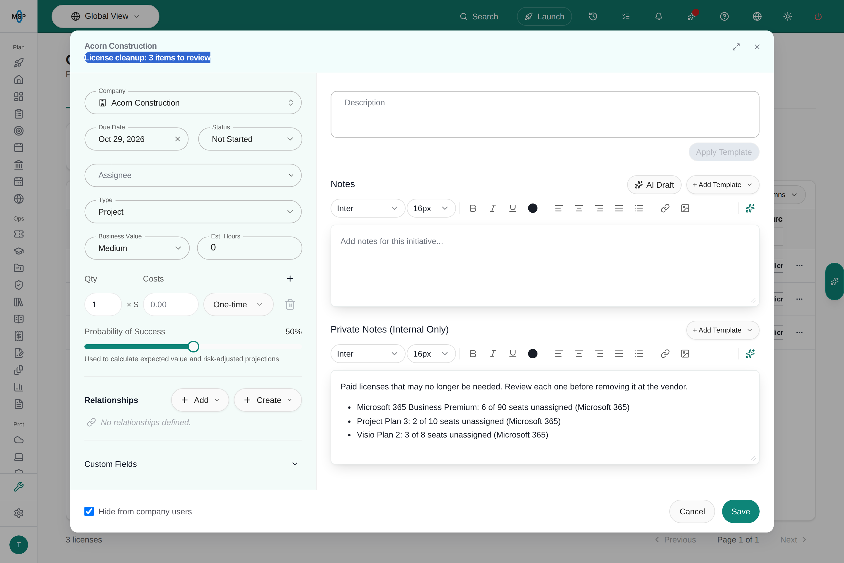 Planner item dialog titled License cleanup: 3 items to review for Acorn Construction, with Hide from company users ticked and the three spare-seat subscriptions listed in Private Notes.