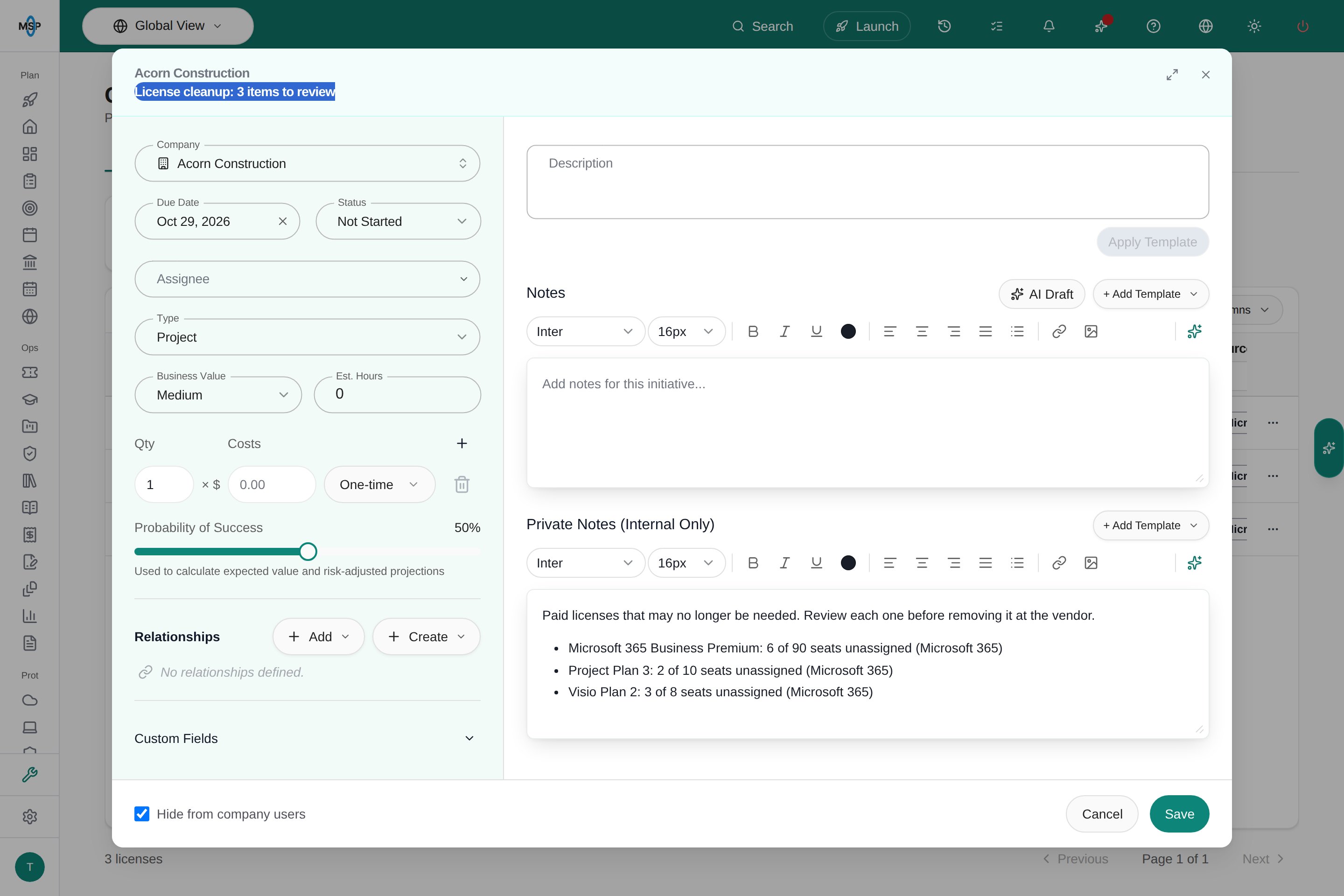 Planner item dialog titled License cleanup: 3 items to review for Acorn Construction, with Hide from company users ticked and the three spare-seat subscriptions listed in Private Notes.