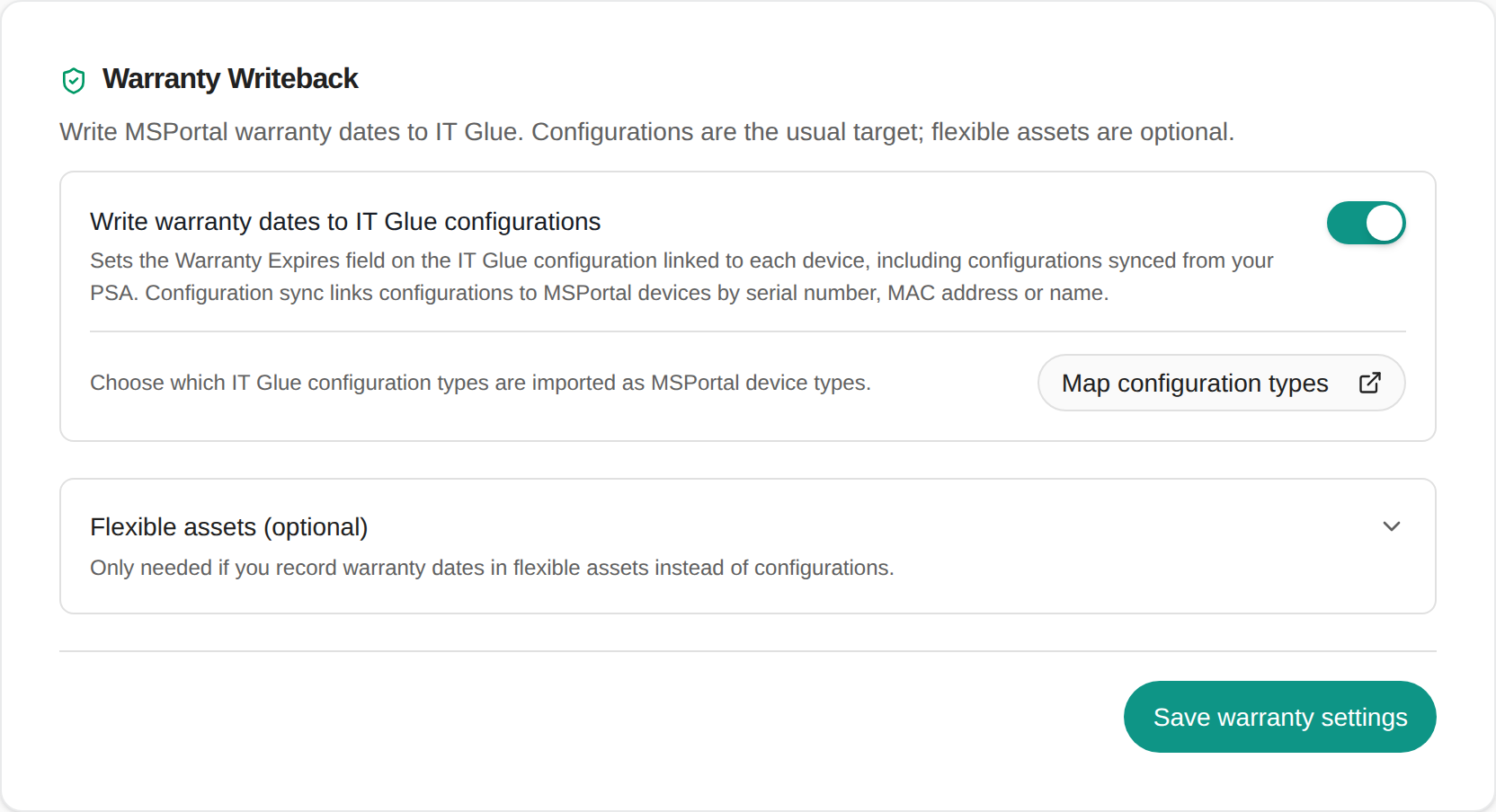 IT Glue Warranty Writeback card with the Write warranty dates to IT Glue configurations switch on, a Map configuration types button, and a collapsed Flexible assets (optional) section